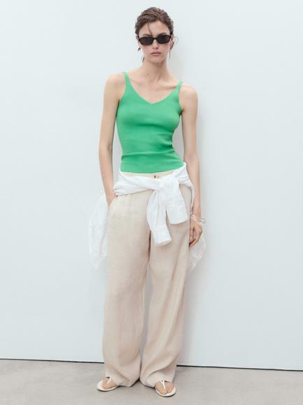 Mango Spaghetti Strap V Neck Vest - view 2, Green