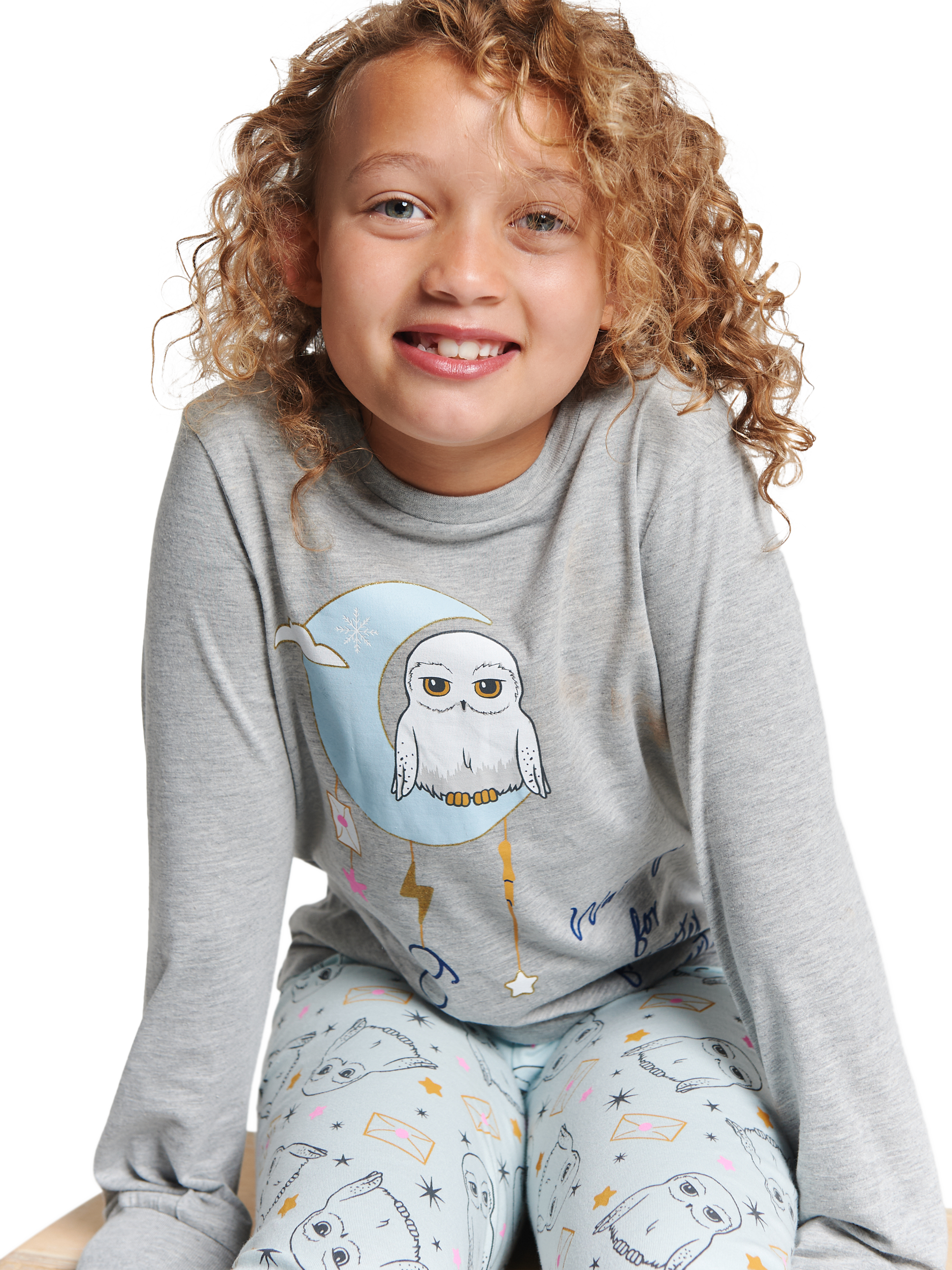 Product image 3 of 4, which shows Brand Threads Kids' Cotton Blend Harry Potter Hedwig Pyjama Set, Grey/Multi, 6-7 years