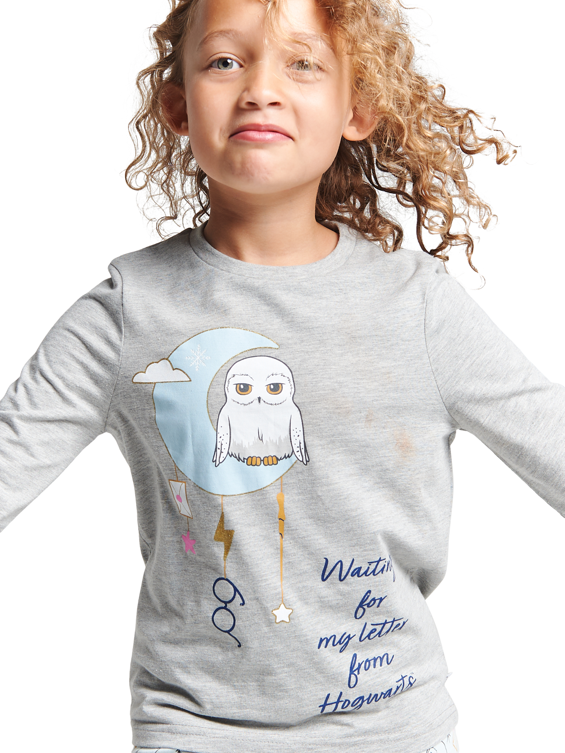 Product image 4 of 4, which shows Brand Threads Kids' Cotton Blend Harry Potter Hedwig Pyjama Set, Grey/Multi, 6-7 years