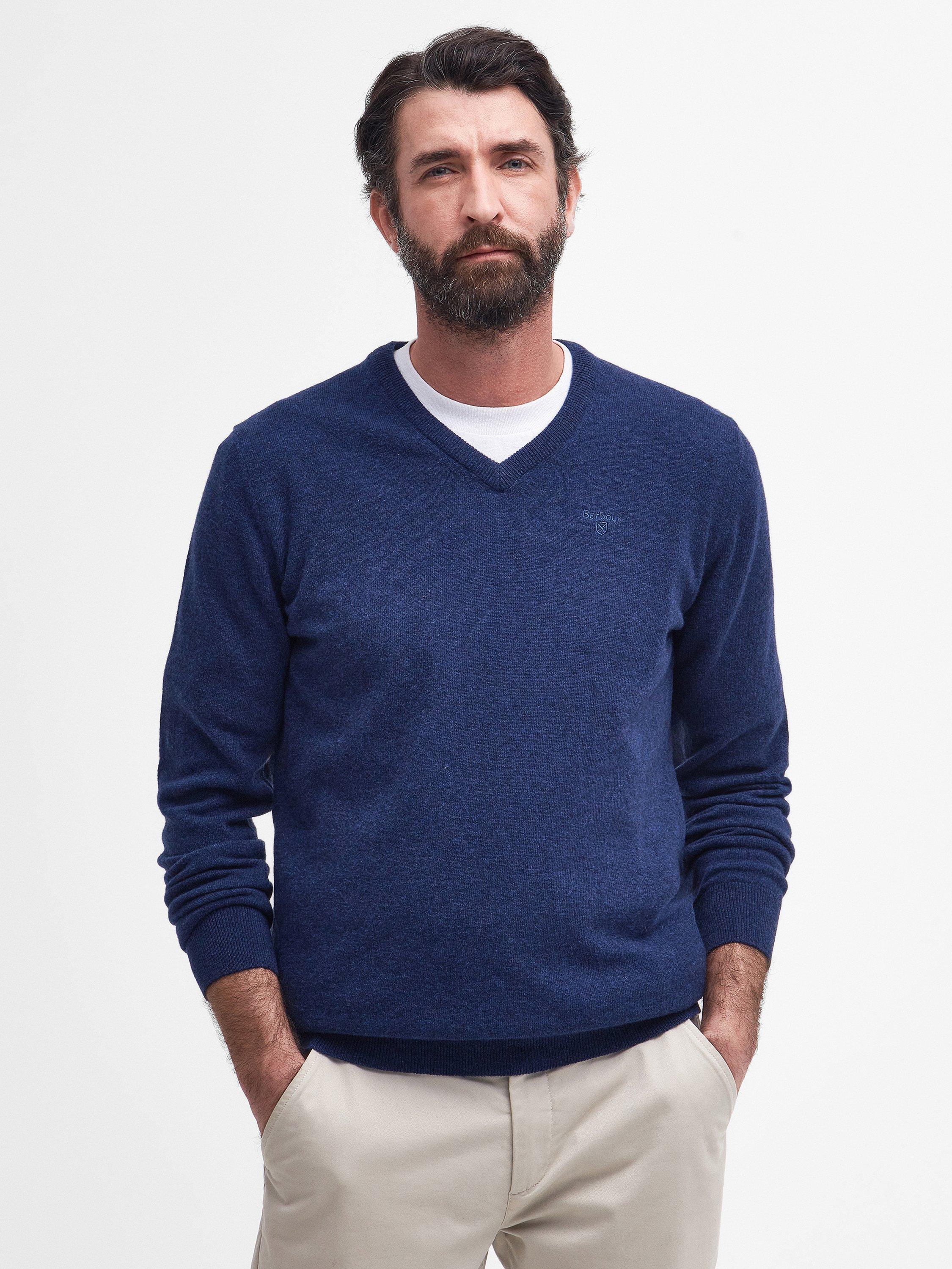 Product image 1 of 7, which shows Barbour Essential Wool V-Neck Knit Jumper, Deep Blue, XXL