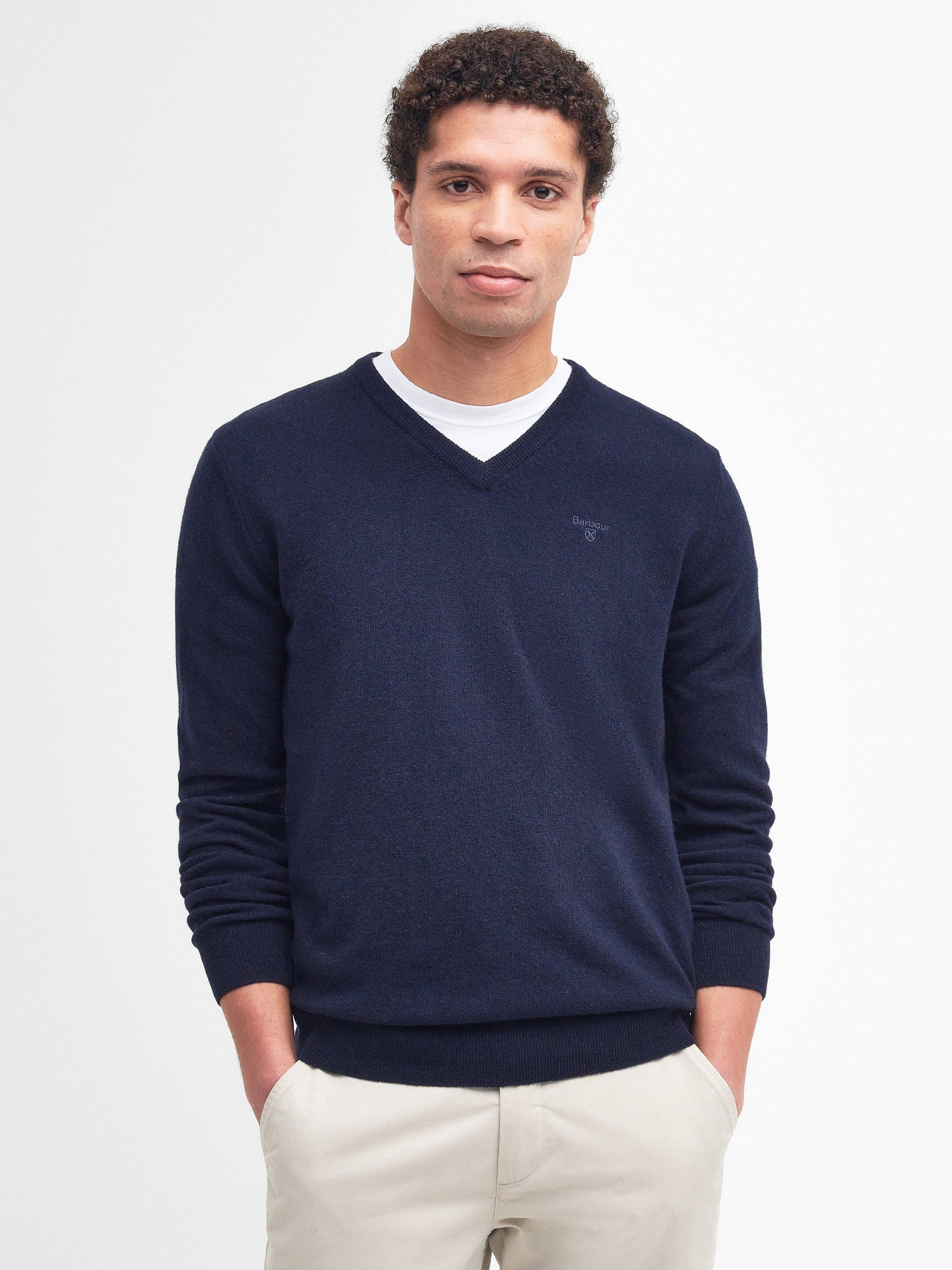 Product image 1 of 7, which shows Barbour Essential Wool V-Neck Knit Jumper, Navy, 4XL