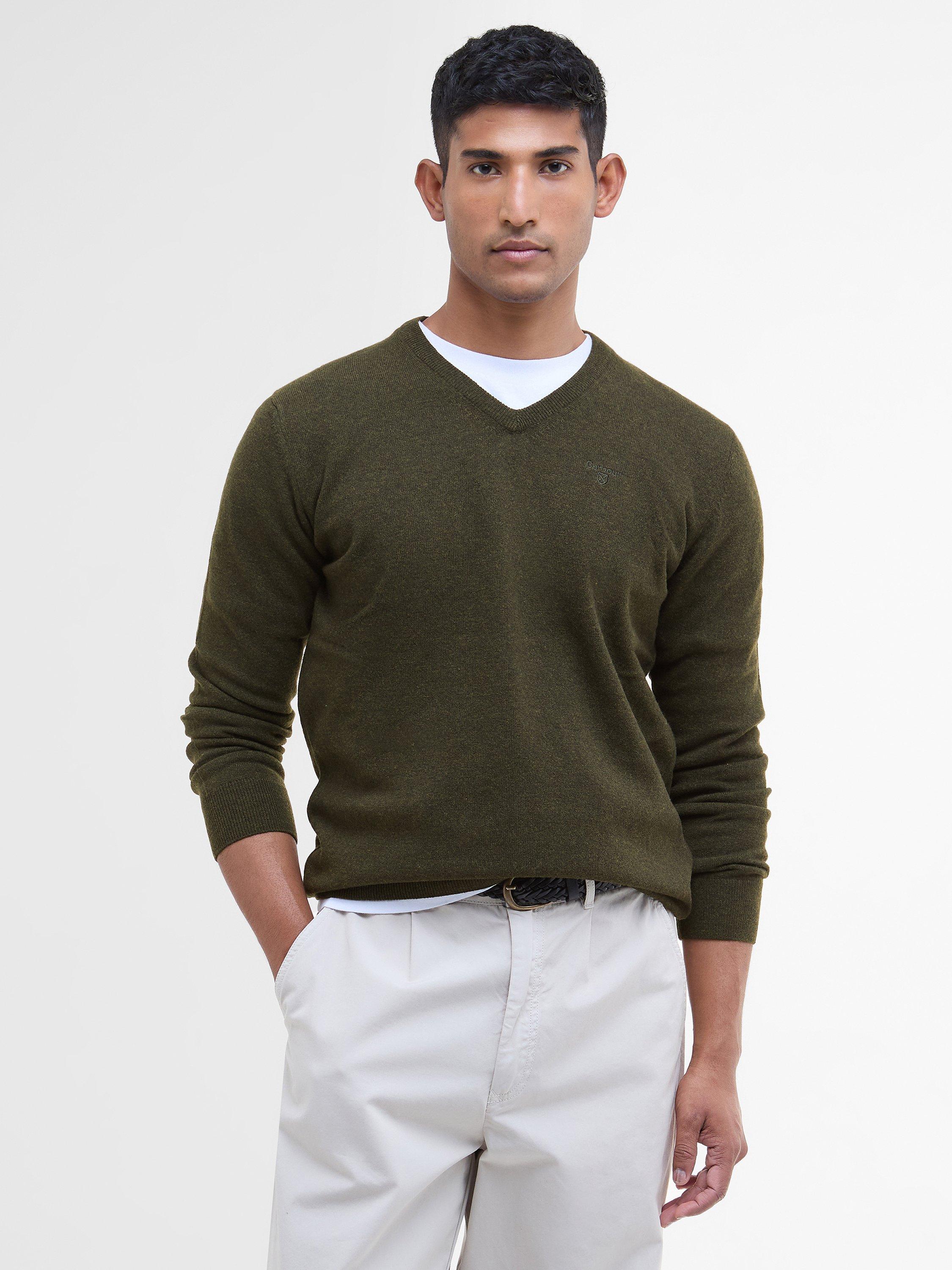 Product image 1 of 9, which shows Barbour Essential Wool V-Neck Knit Jumper, Seaweed, XXXL