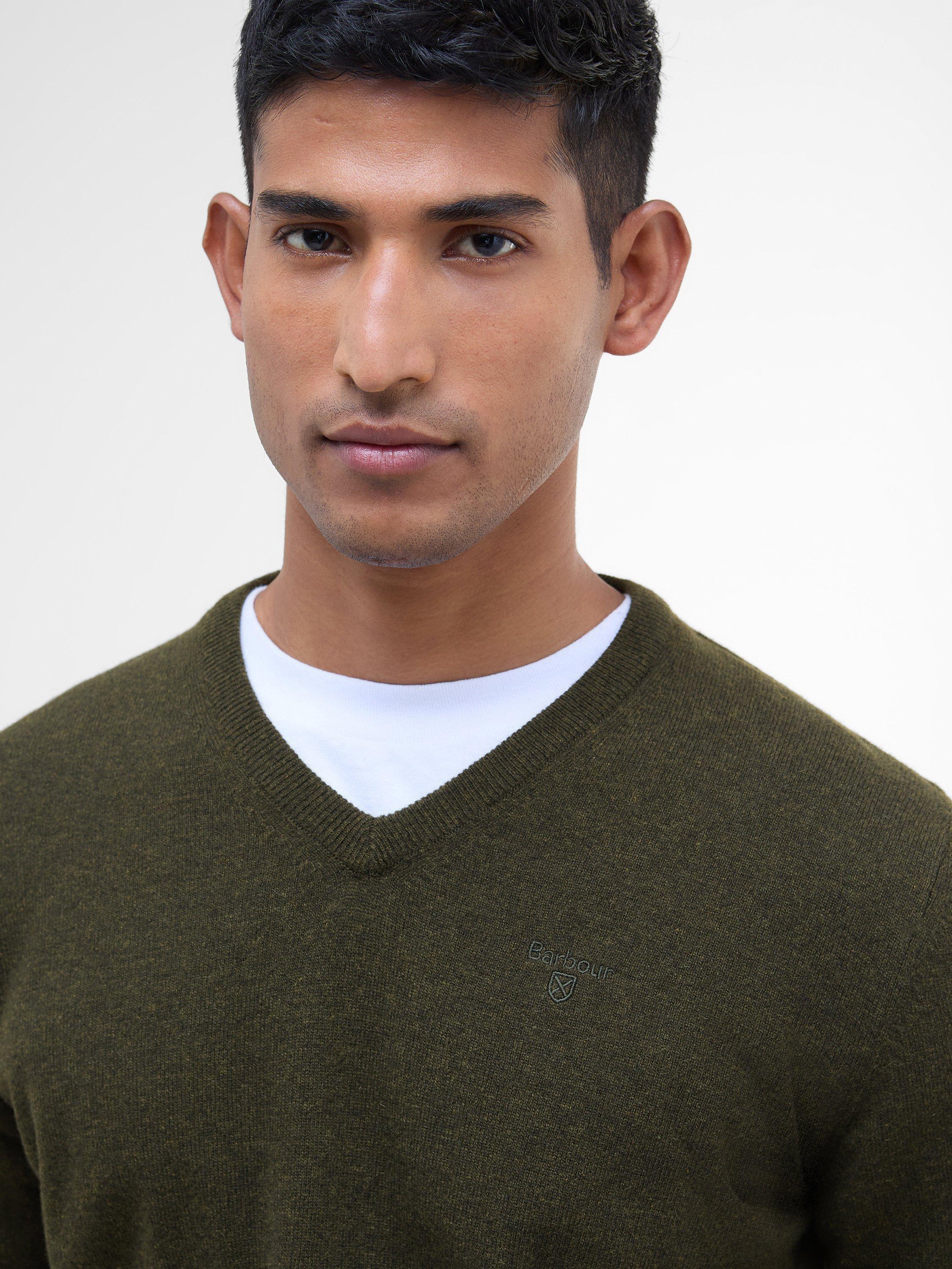 Product image 5 of 9, which shows Barbour Essential Wool V-Neck Knit Jumper, Seaweed, XXXL