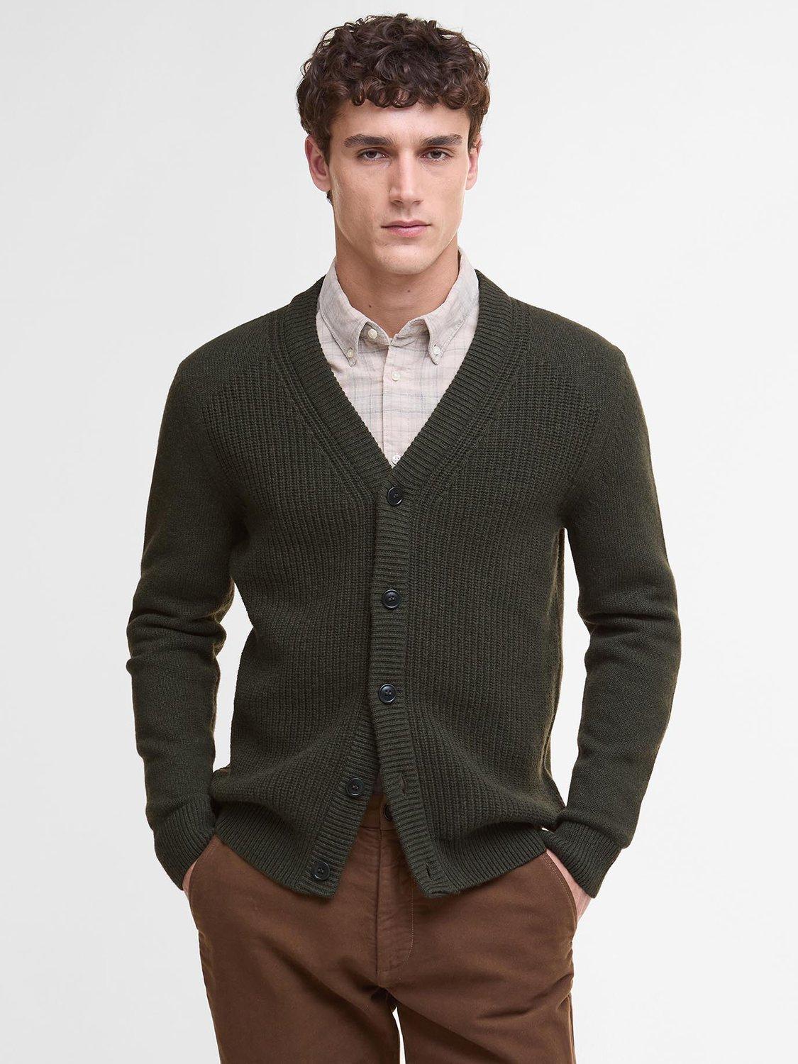 Product image 1 of 6, which shows Barbour Mainland Wool Cotton Blend Knit Cardigan, Olive, XXL