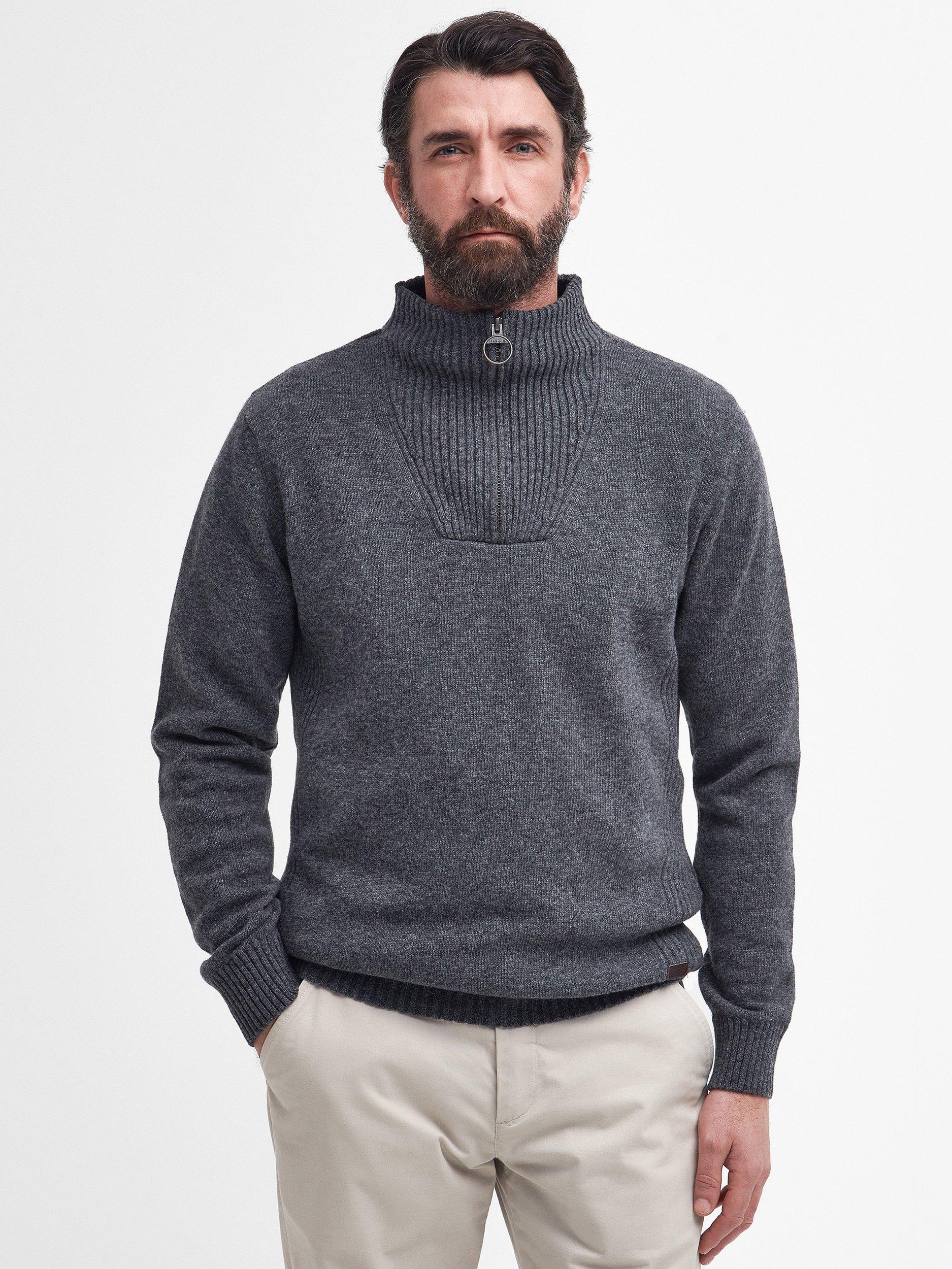 Product image 1 of 9, which shows Barbour Zip-Neck Funnel Neck Wool Jumper, Storm Grey, XL