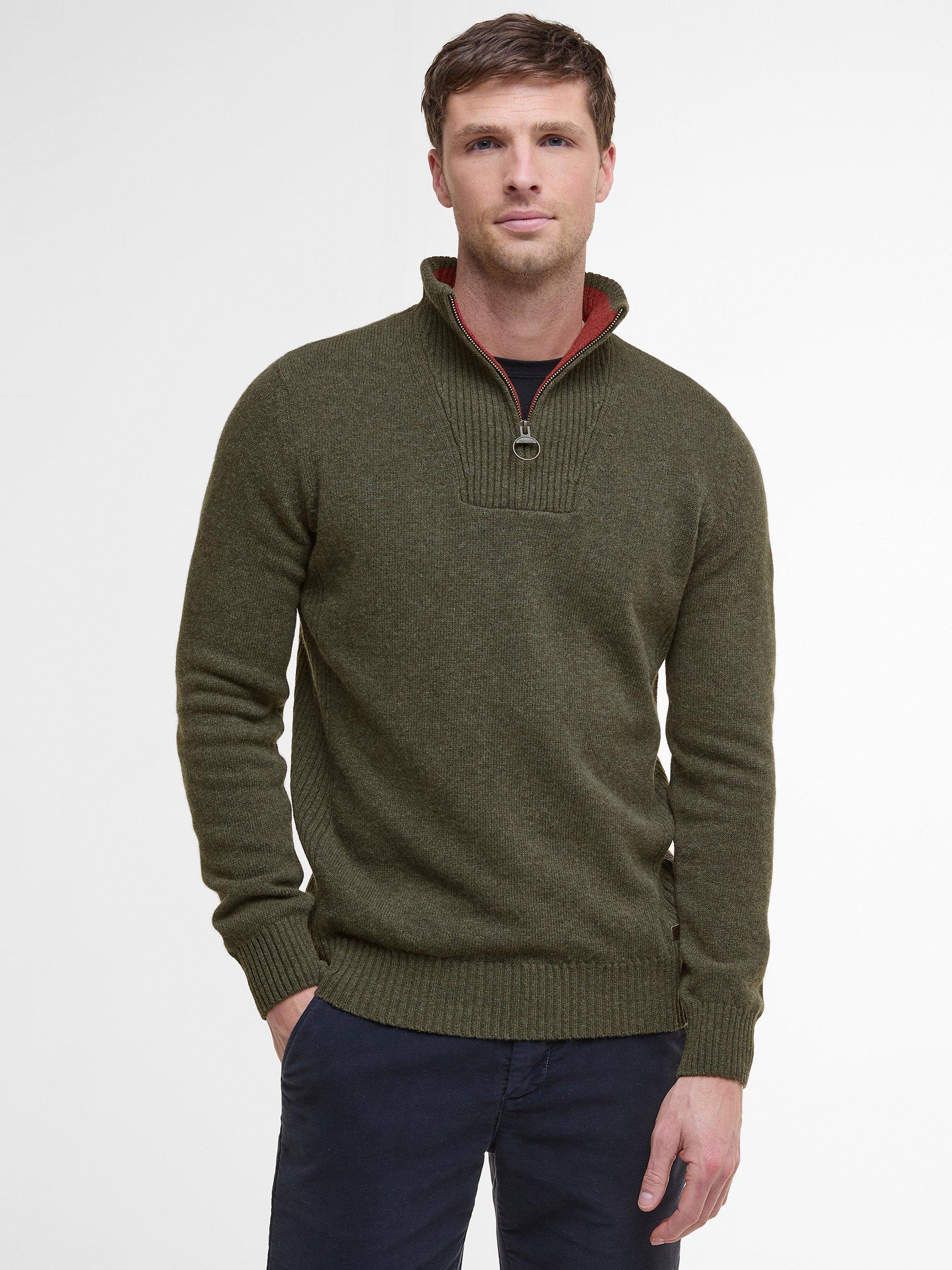 Product image 1 of 9, which shows Barbour Zip-Neck Funnel Neck Wool Jumper, Seaweed, S