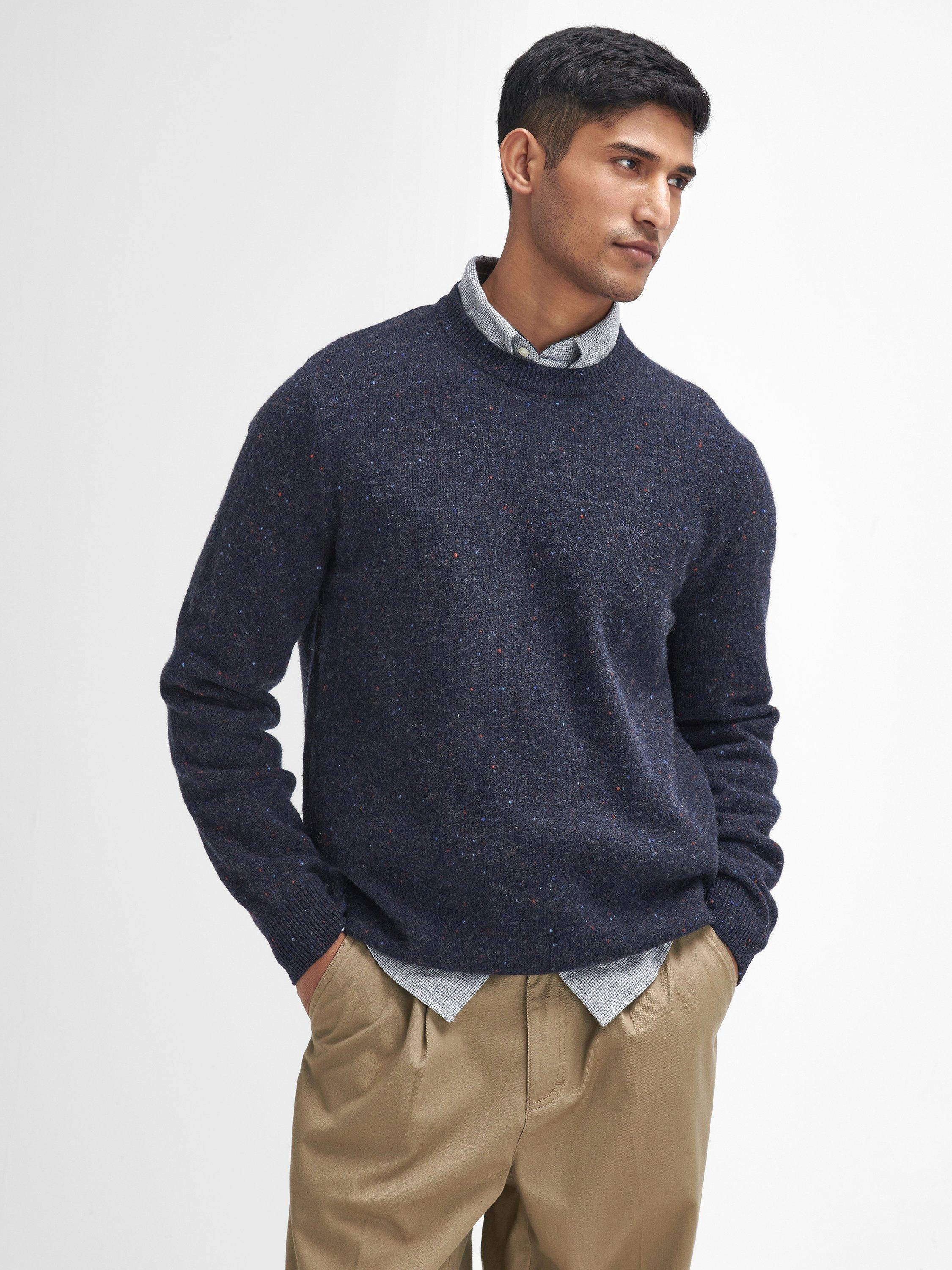 Product image 1 of 6, which shows Barbour Tainsbury Wool Tweed Fleck Crew Neck Jumper, Navy, S