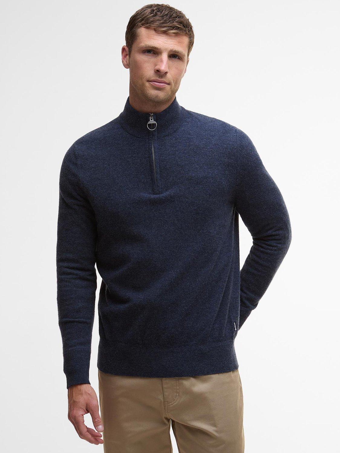 Product image 1 of 6, which shows Barbour Waterbury Half Zip Wool Cashmere Blend Jumper, Navy, S