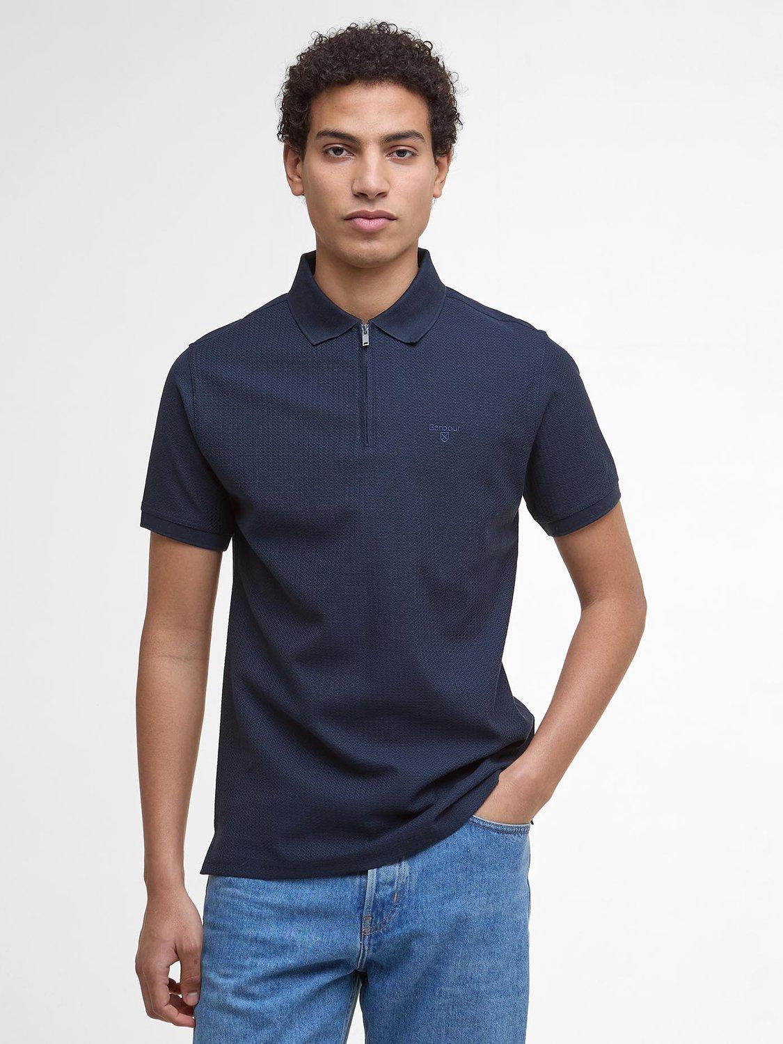 Product image 1 of 6, which shows Barbour Backfield Tailored Short-Sleeved Polo Shirt, Navy, L