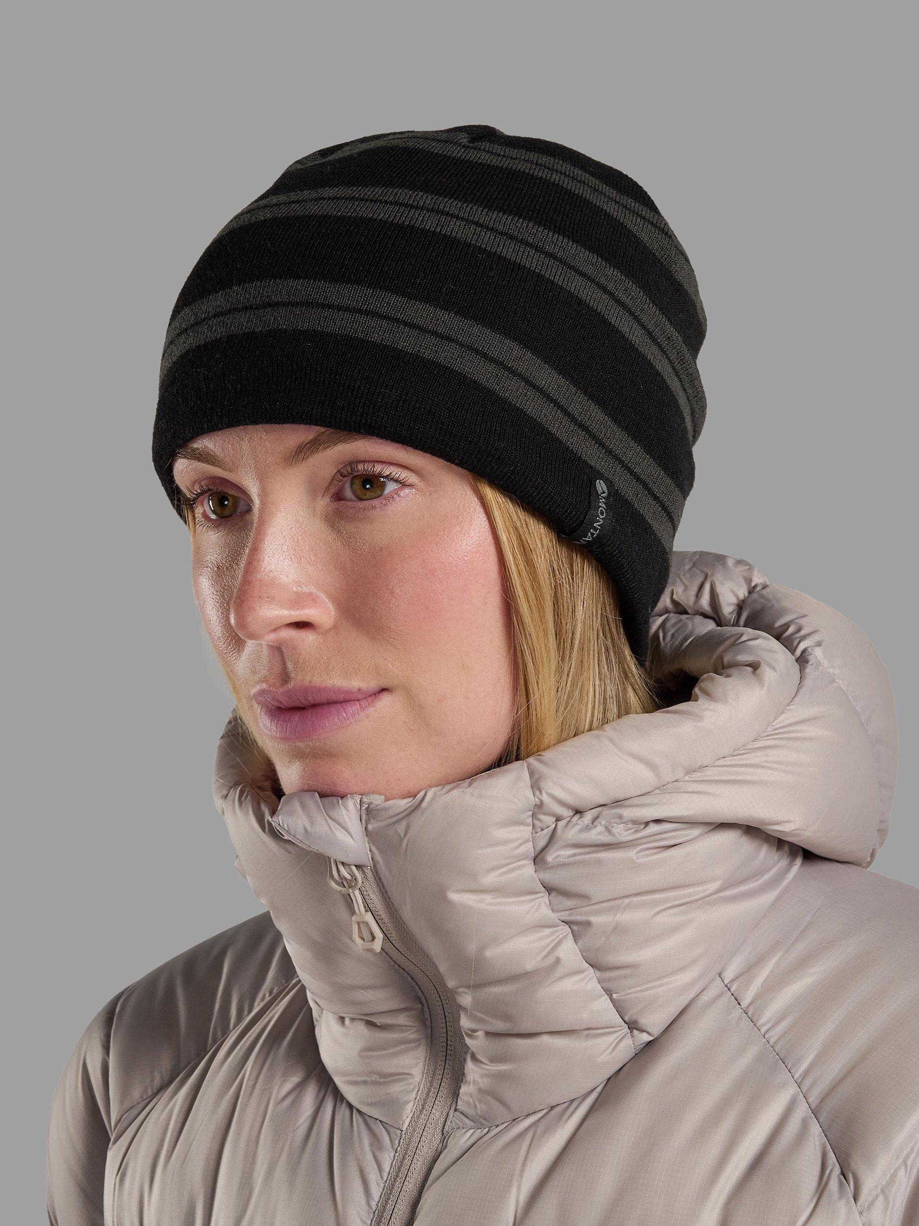 Product image 3 of 3, which shows Montane Jack Striped Merino Wool Blend Beanie, Black, One Size