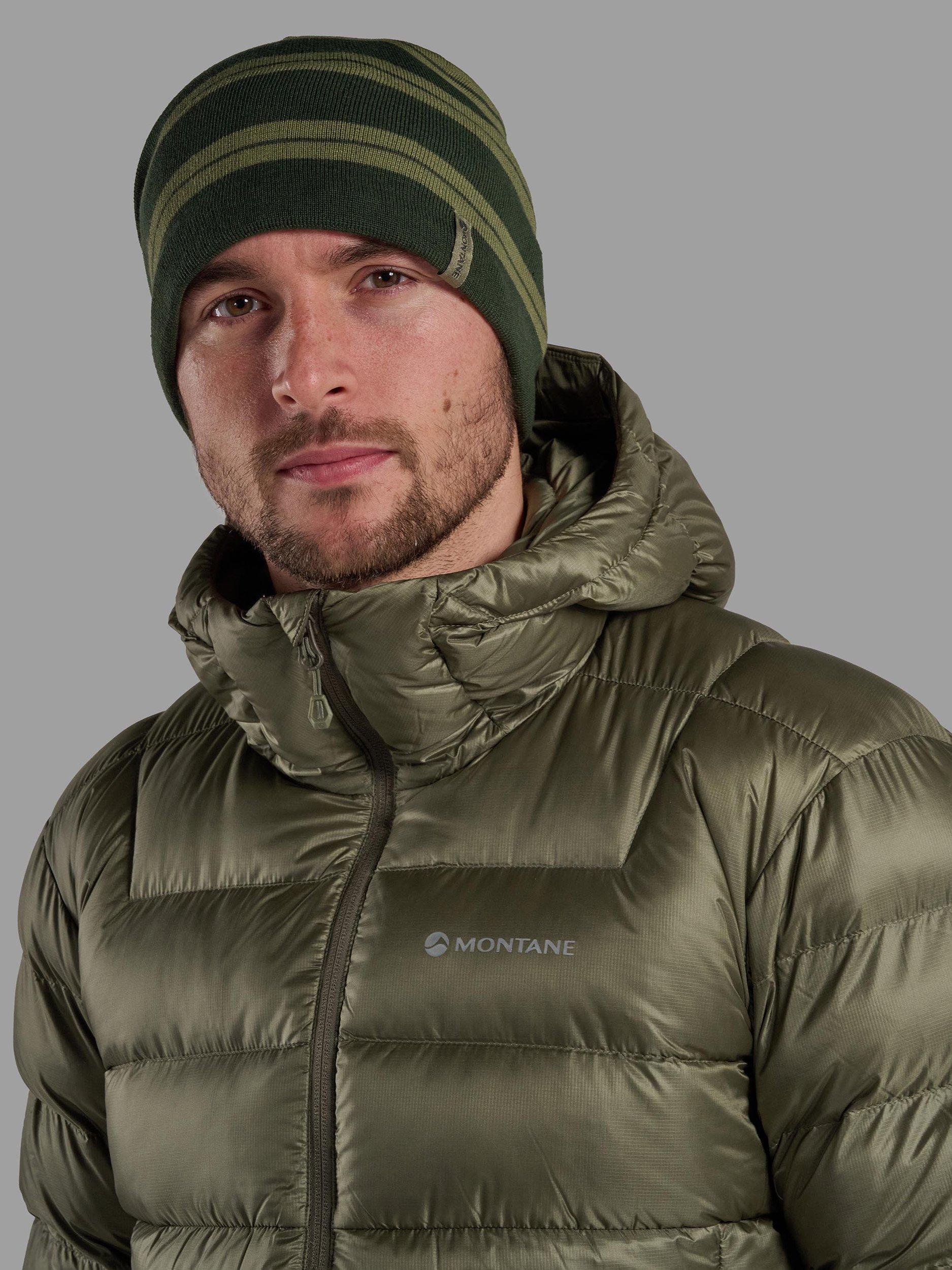 Product image 2 of 3, which shows Montane Jack Striped Merino Wool Blend Beanie, Pine Green, One Size
