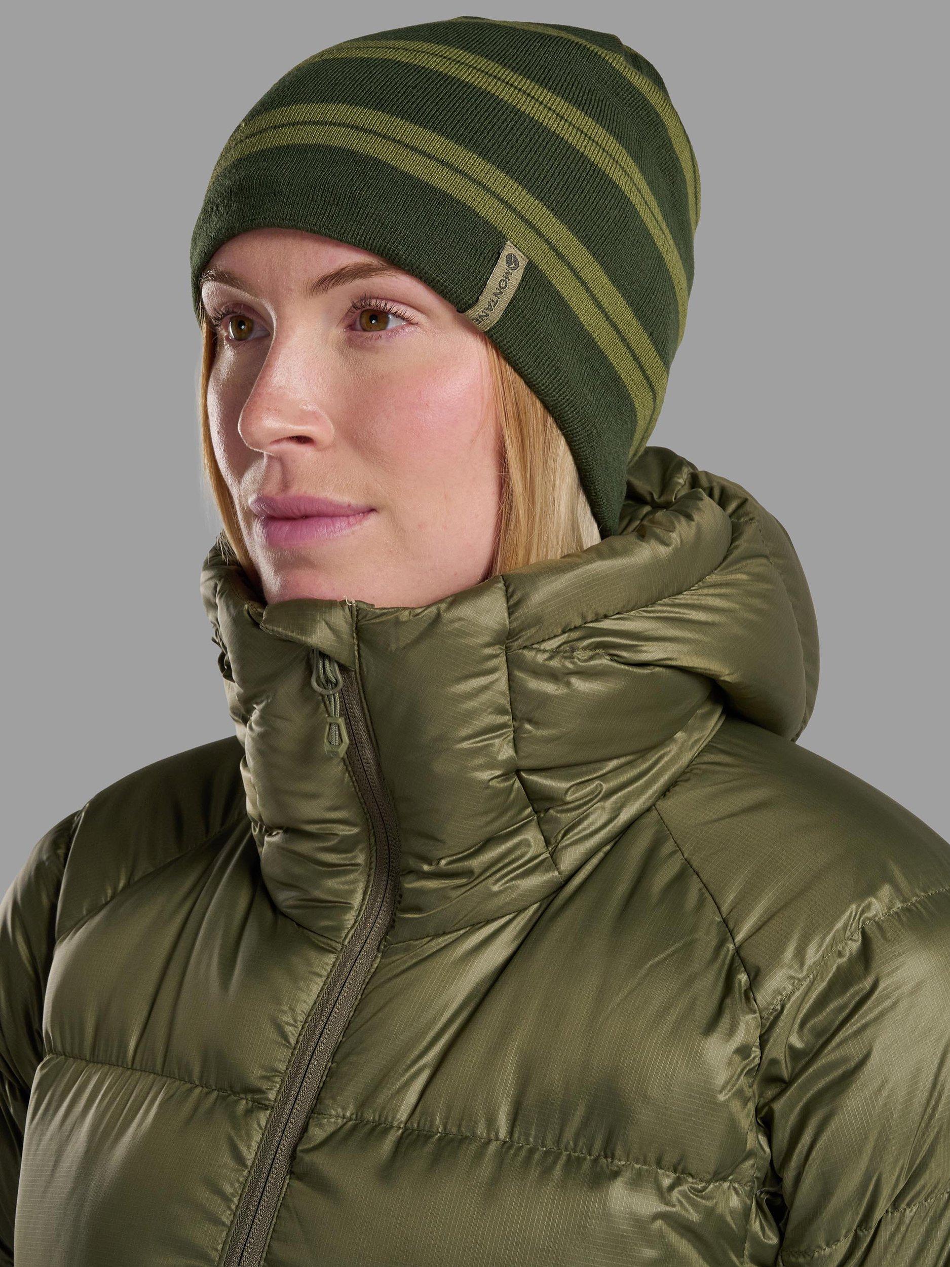 Product image 3 of 3, which shows Montane Jack Striped Merino Wool Blend Beanie, Pine Green, One Size