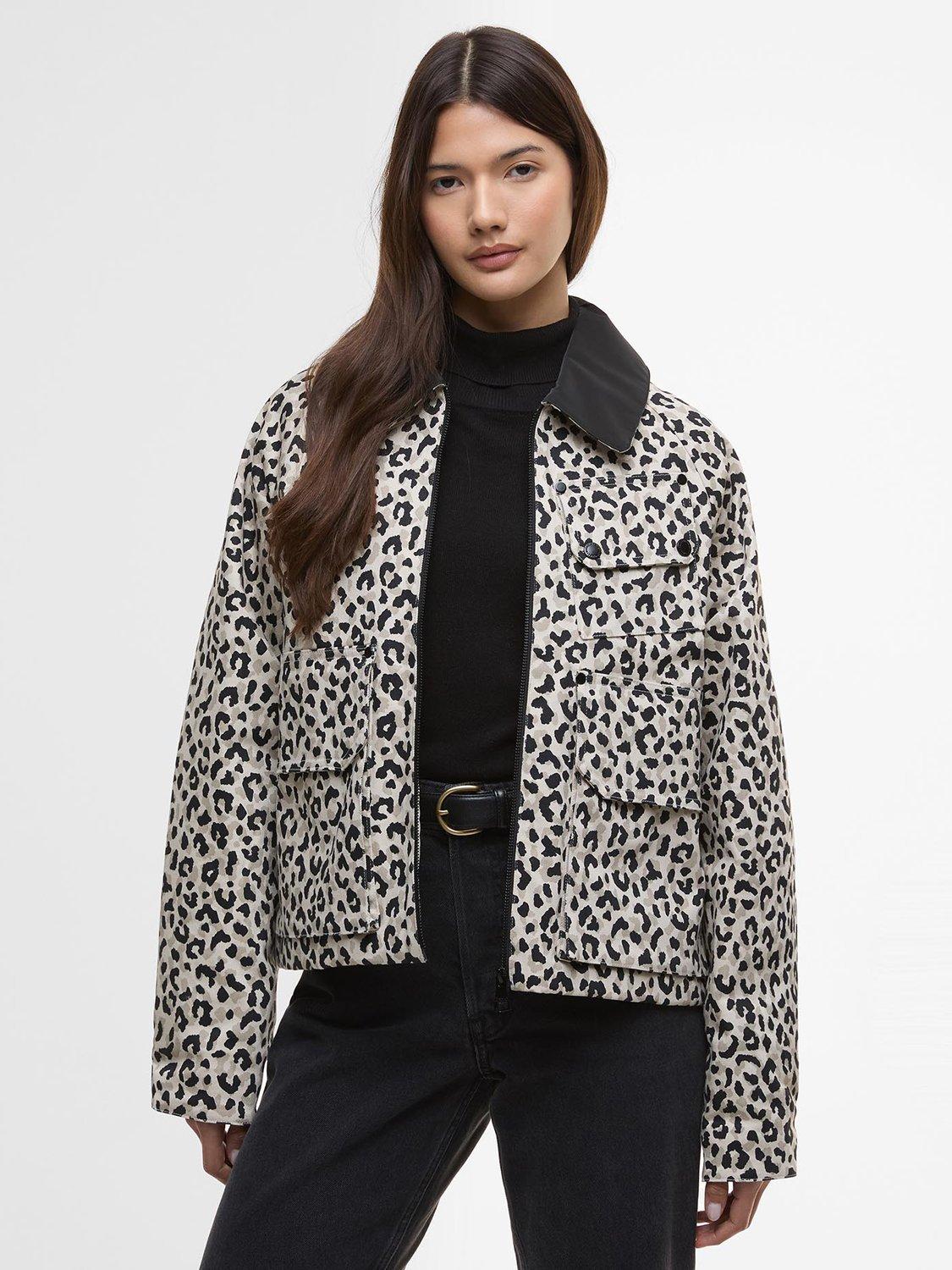 Product image 1 of 8, which shows Barbour International Warlock Animal Print Jacket, Jasmine, 16
