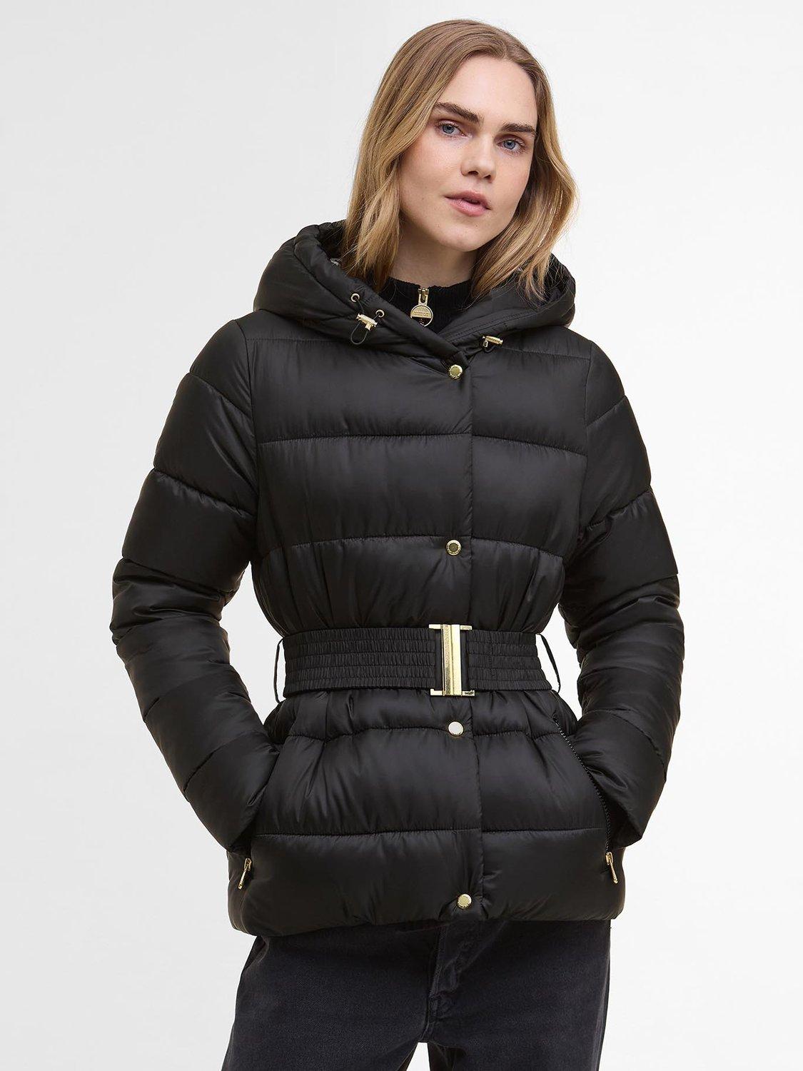 Product image 1 of 7, which shows Barbour International Track Line Puffer Jacket, Black/Jasmine, 8