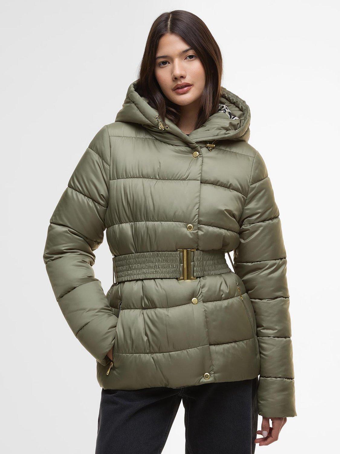 Product image 1 of 8, which shows Barbour International Track Line Puffer Jacket, Dusky Khaki/Jasmine, 8