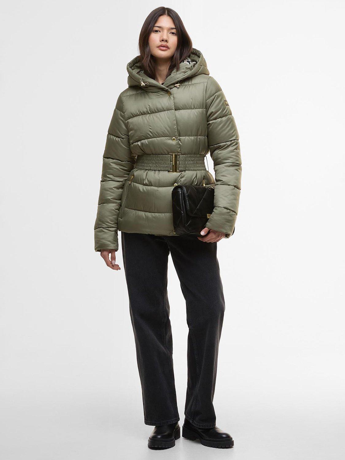 Product image 3 of 8, which shows Barbour International Track Line Puffer Jacket, Dusky Khaki/Jasmine, 8