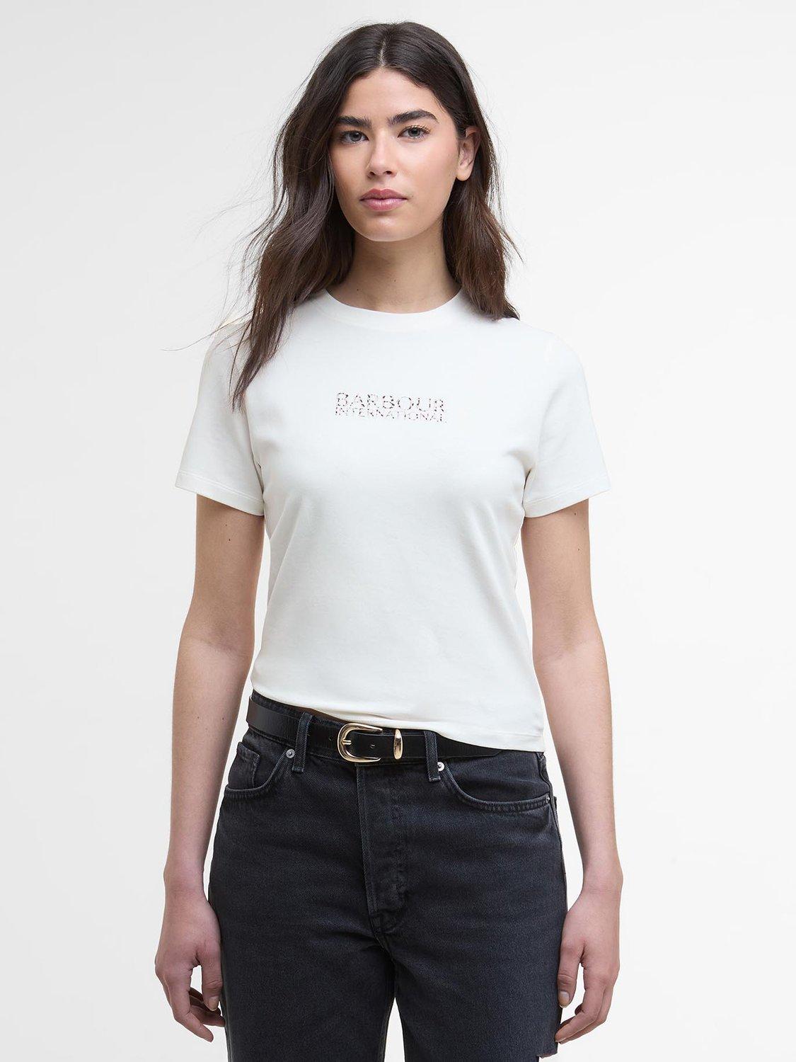 Product image 1 of 6, which shows Barbour International Harley Leopard Print Logo T-Shirt, Off White, 8