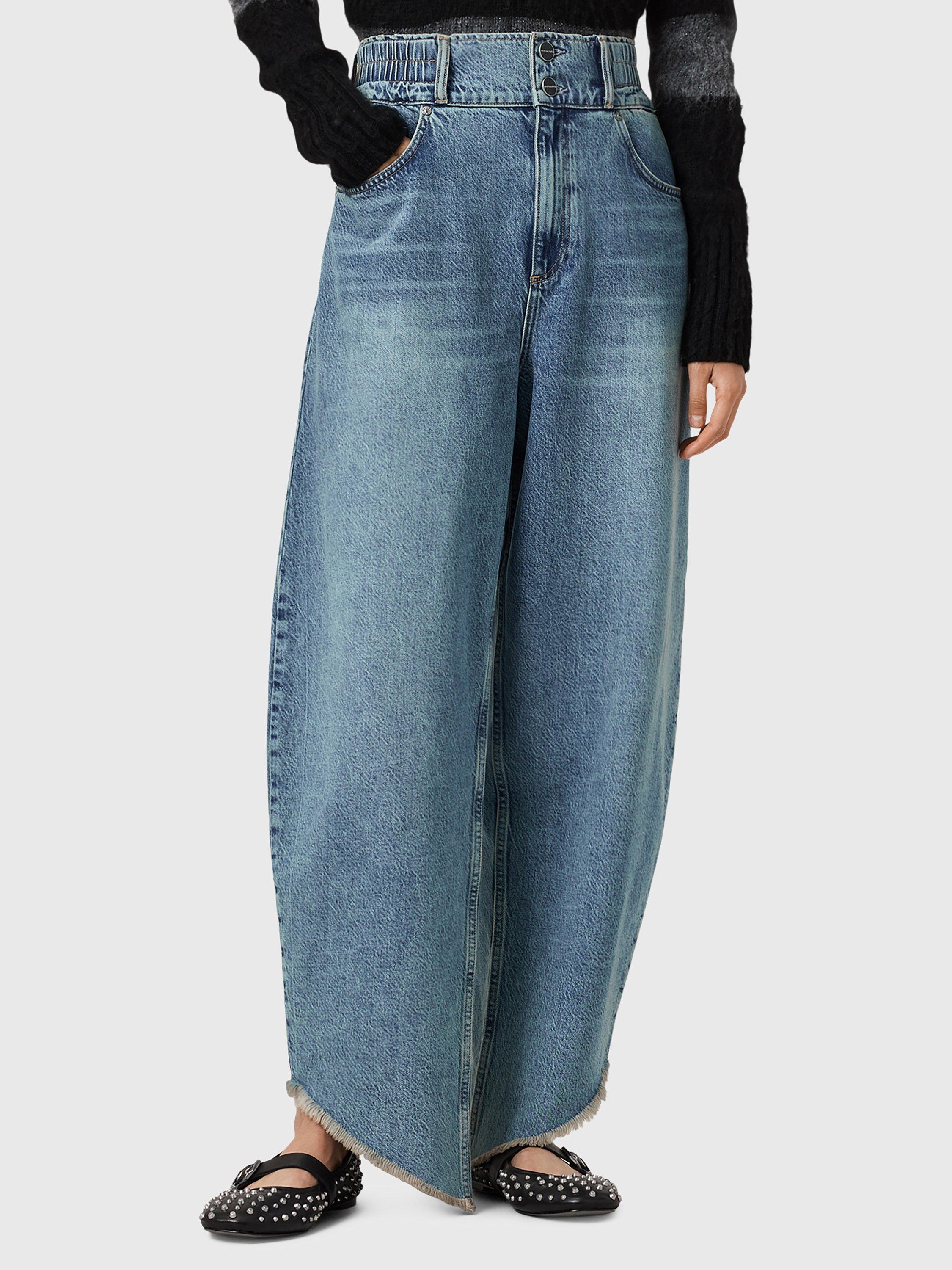 Product image 1 of 6, which shows AllSaints Taylor Asymmetric Frayed Hem Jeans, Blue, 6