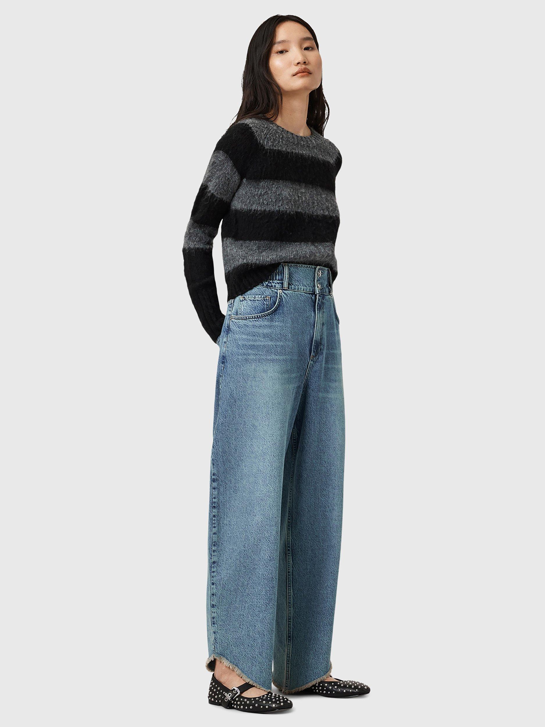 Product image 3 of 6, which shows AllSaints Taylor Asymmetric Frayed Hem Jeans, Blue, 6