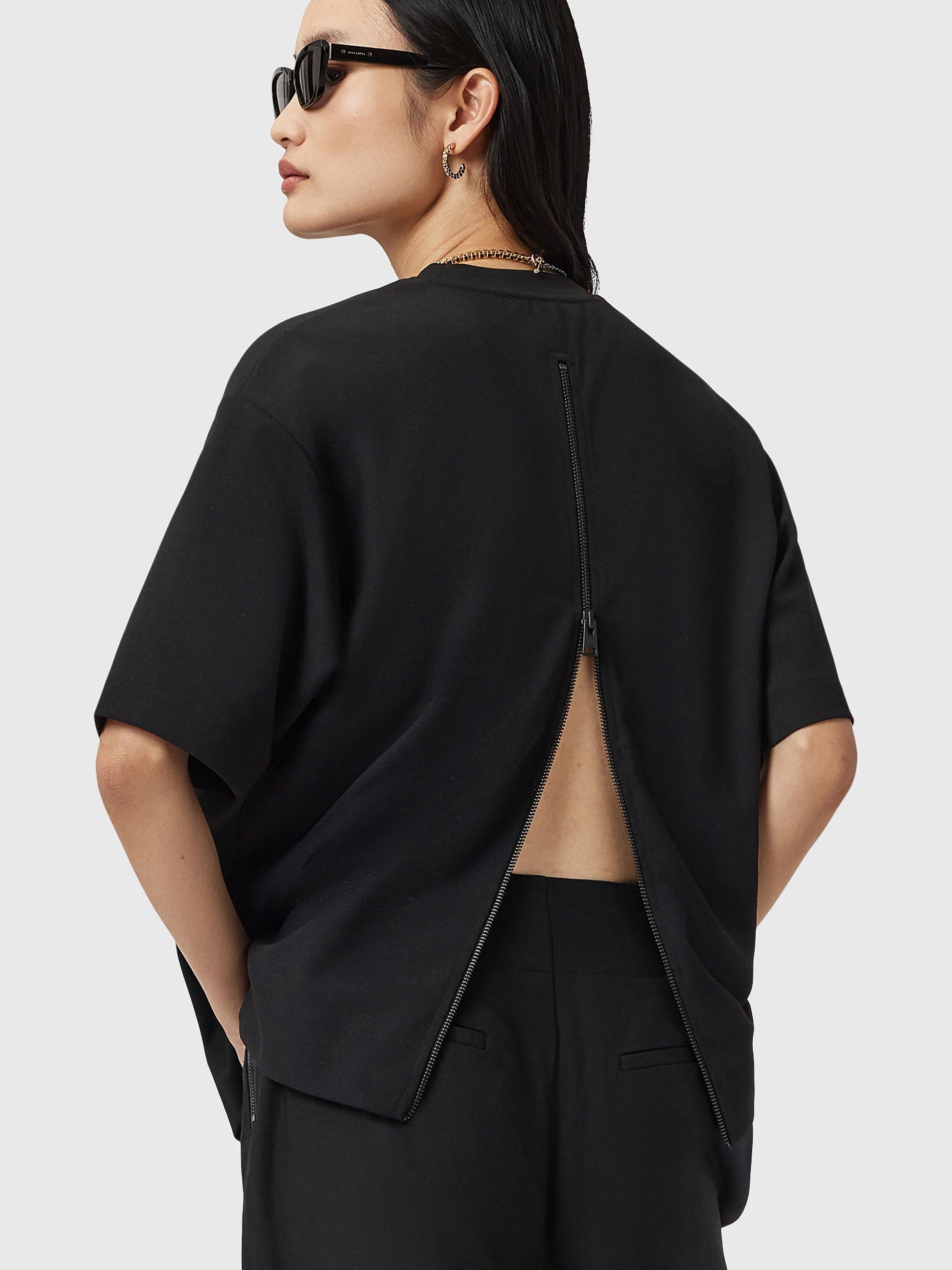 Product image 6 of 9, which shows AllSaints Dani Relaxed Fit Zip Back T-Shirt, Black, S