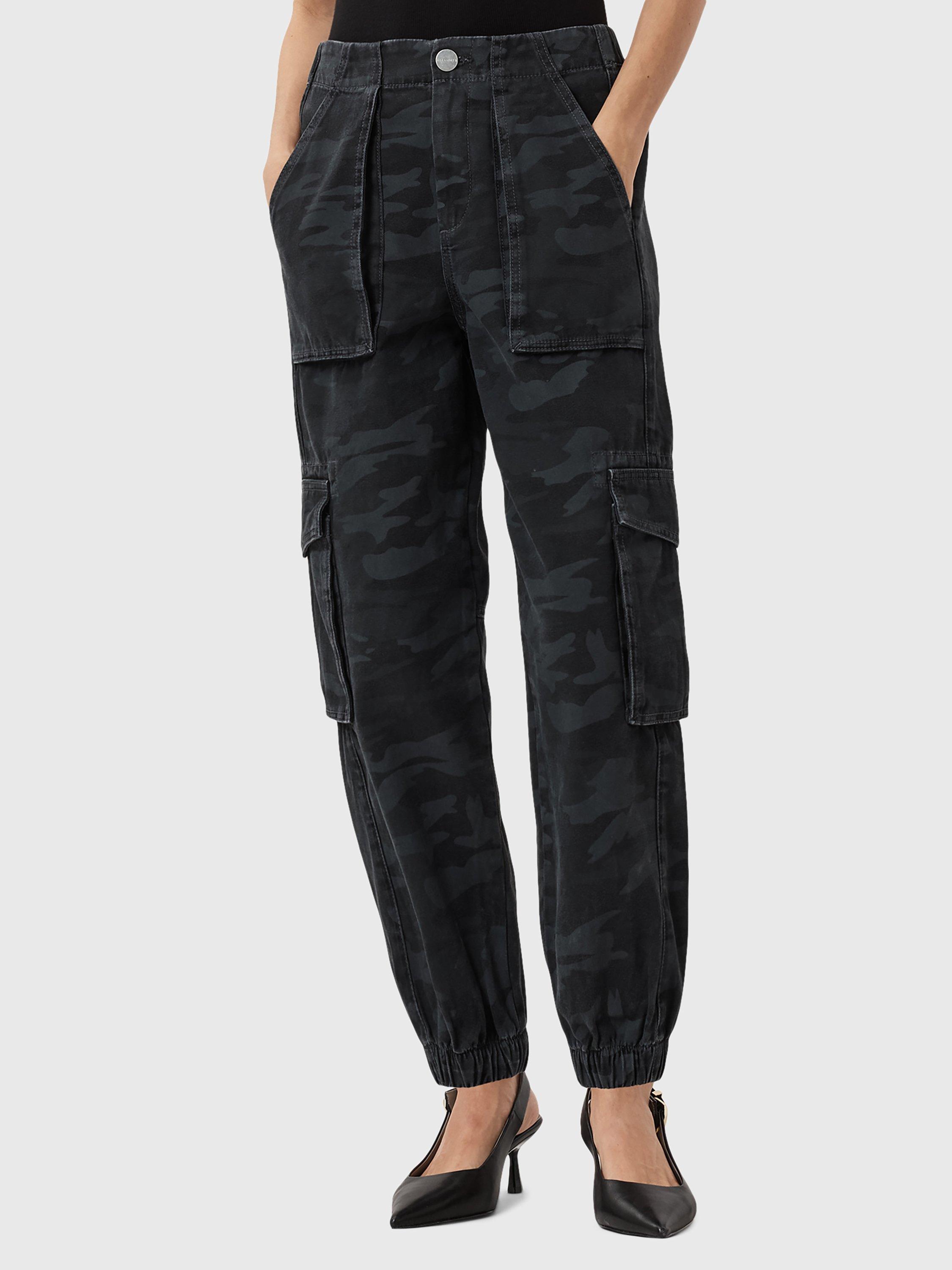 Product image 1 of 1, which shows AllSaints Freda Camouflage Denim Cargo Trousers, Blue/Multi, 6
