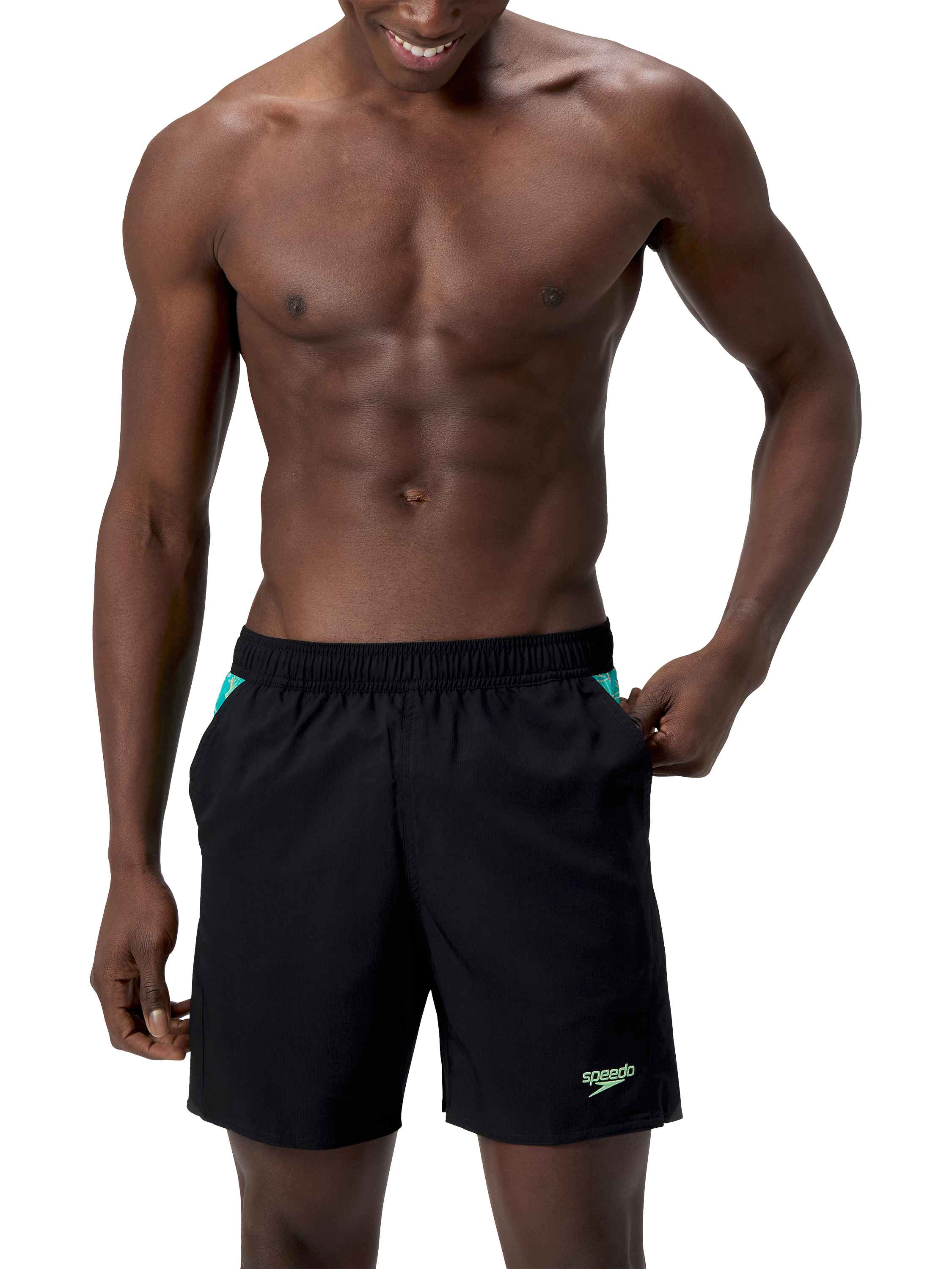 Product image 1 of 5, which shows Speedo Xpress Lite Hyperboom Print Water Shorts, Black/ Green, S