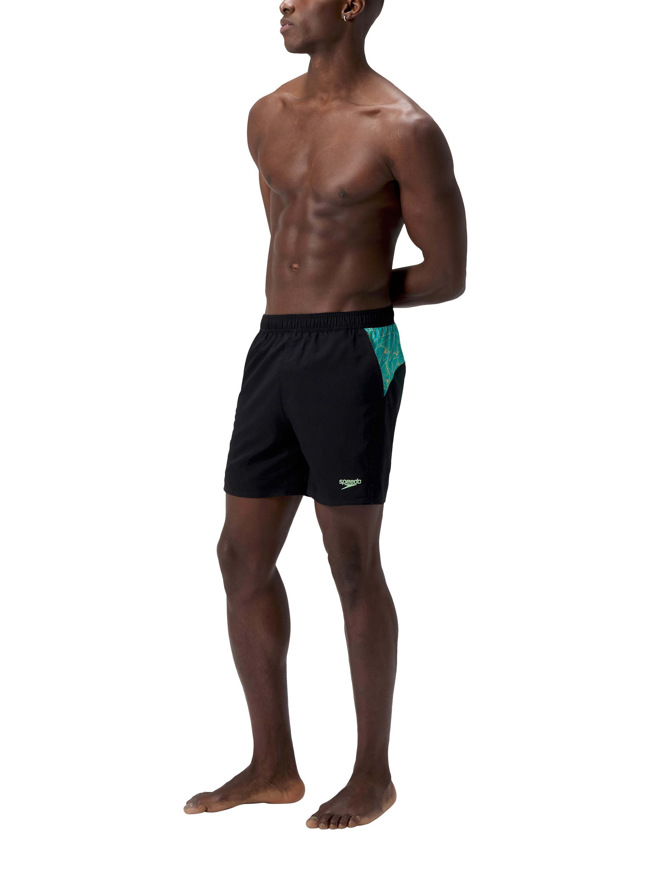 Product image 3 of 5, which shows Speedo Xpress Lite Hyperboom Print Water Shorts, Black/ Green, S