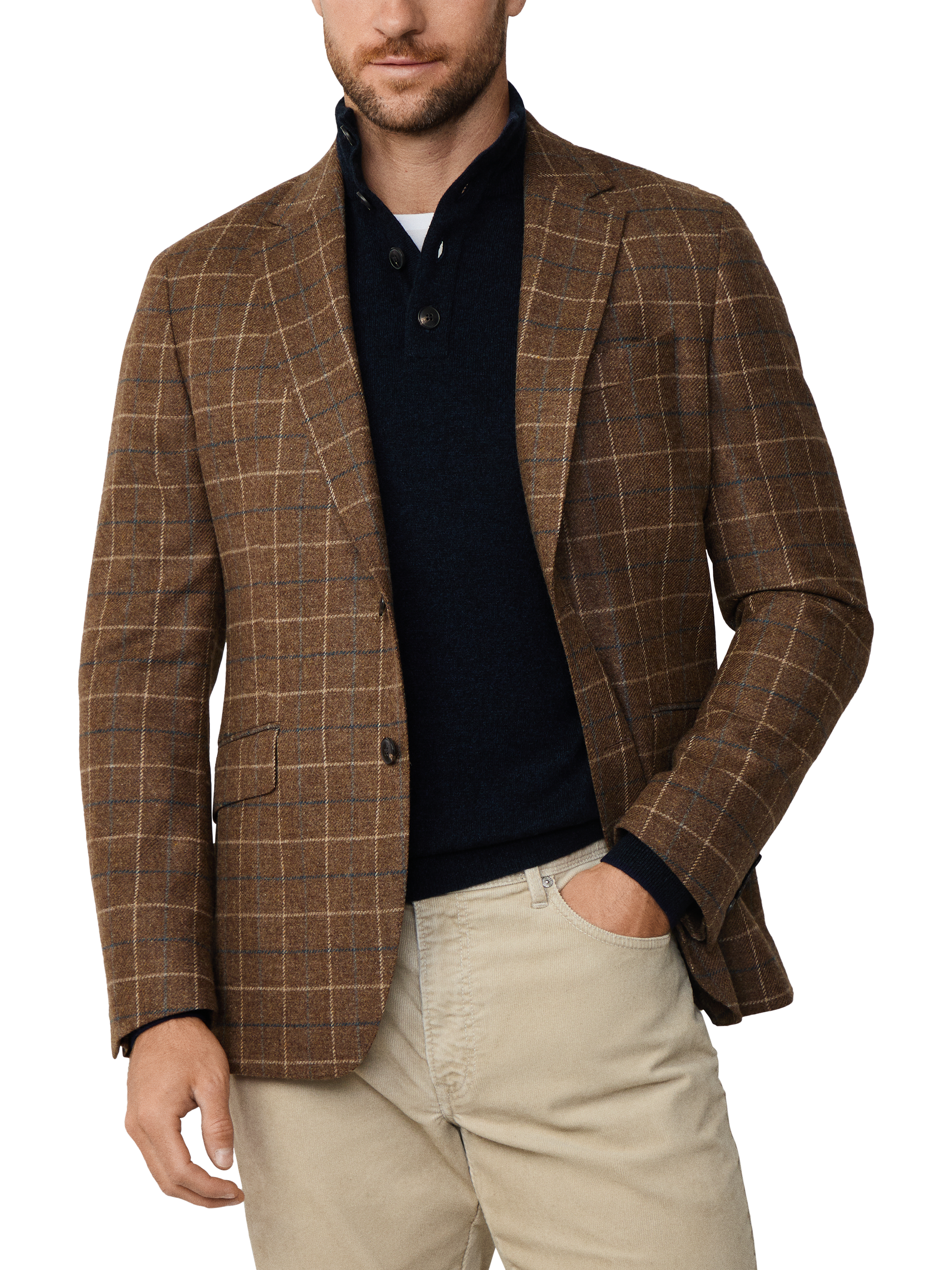 Product image 1 of 8, which shows Hackett London Wool & Cashmere Blend Tattersall Blazer, Brown, 36