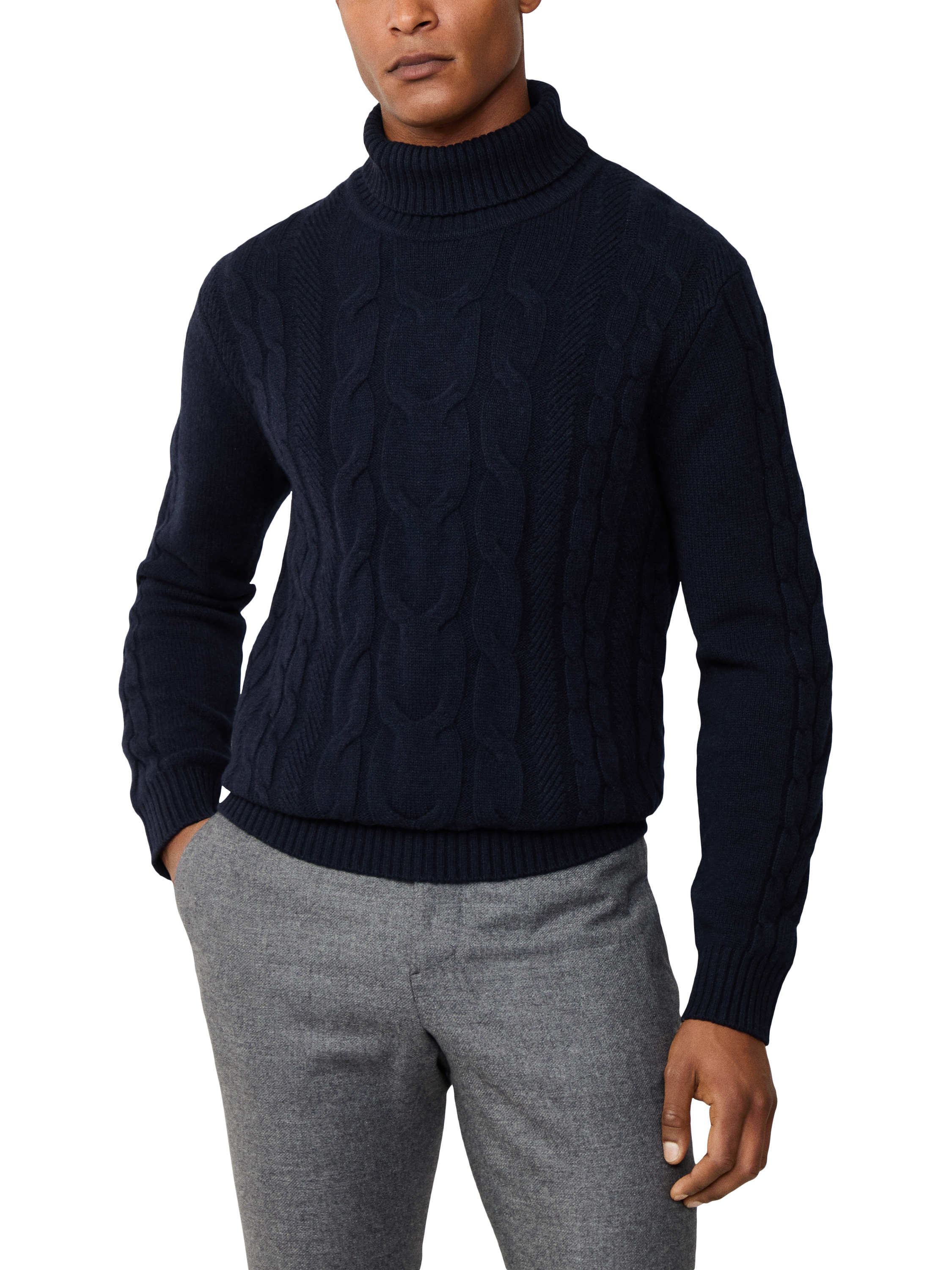 Product image 1 of 7, which shows Hackett London Wool Rich Cable Knit Jumper, Midnight Blue, XS