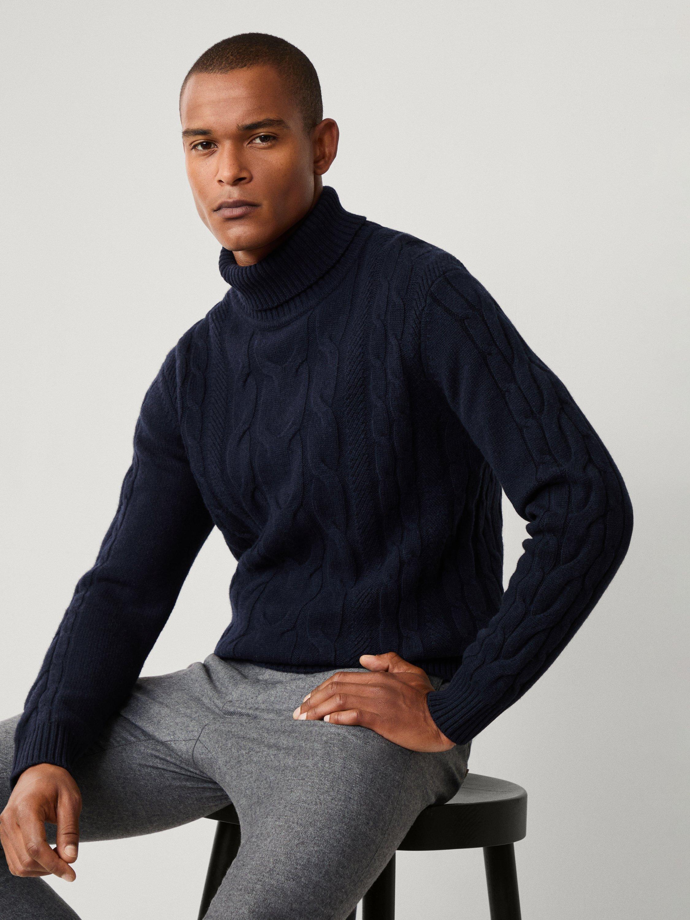 Product image 7 of 7, which shows Hackett London Wool Rich Cable Knit Jumper, Midnight Blue, XS