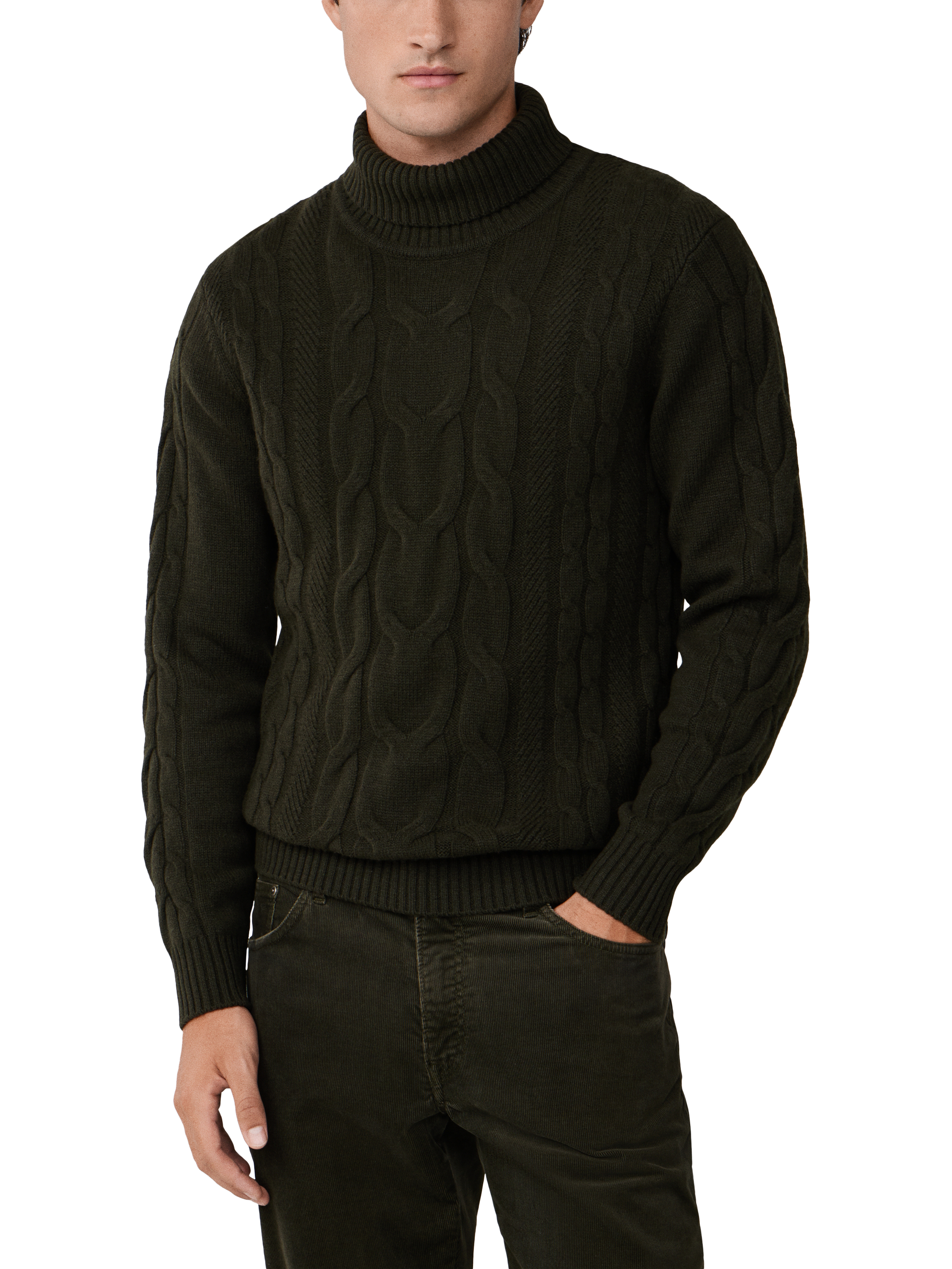 Product image 1 of 11, which shows Hackett London Wool Rich Cable Knit Jumper, Hunter Green, XS