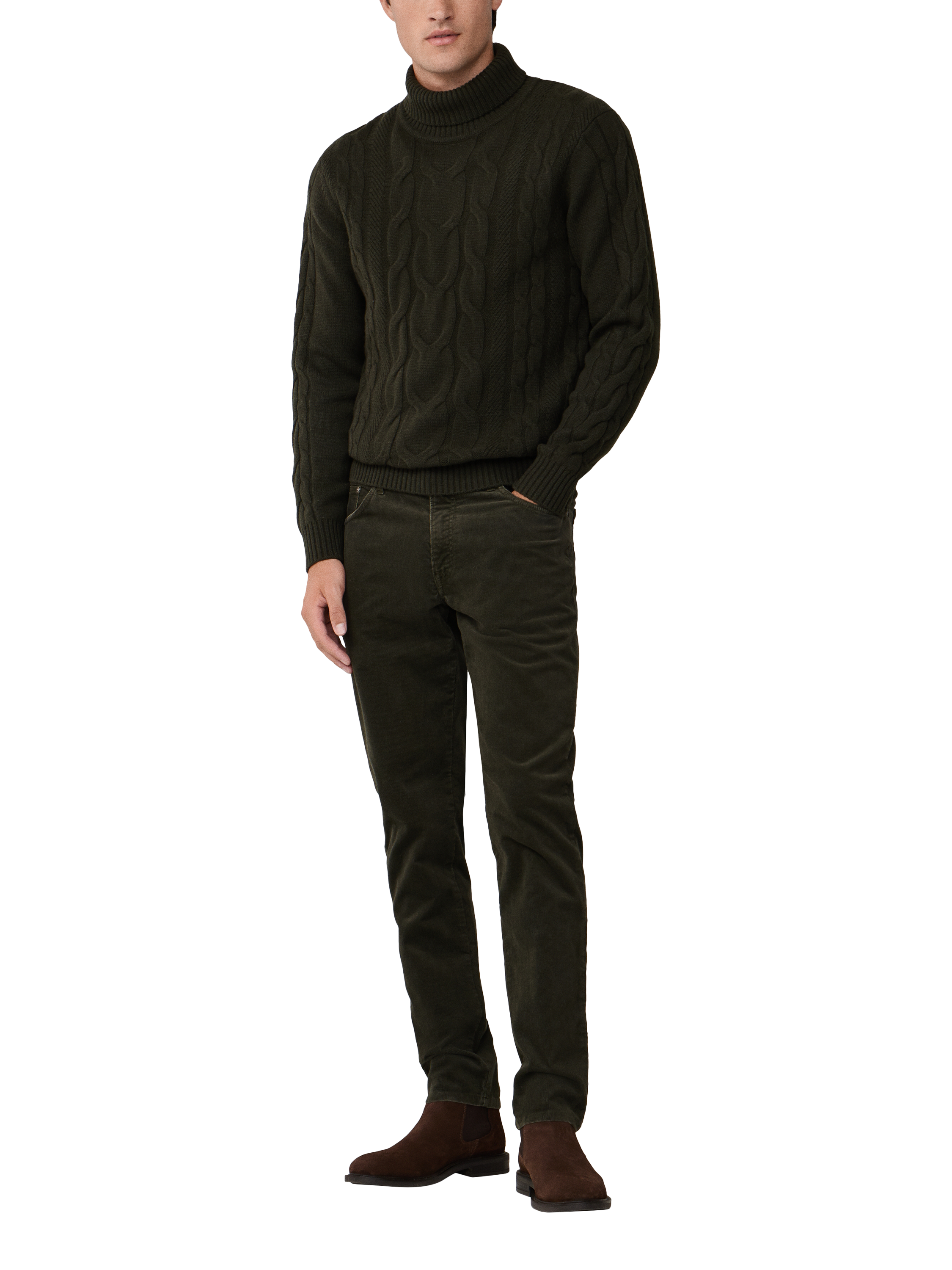 Product image 2 of 11, which shows Hackett London Wool Rich Cable Knit Jumper, Hunter Green, XS