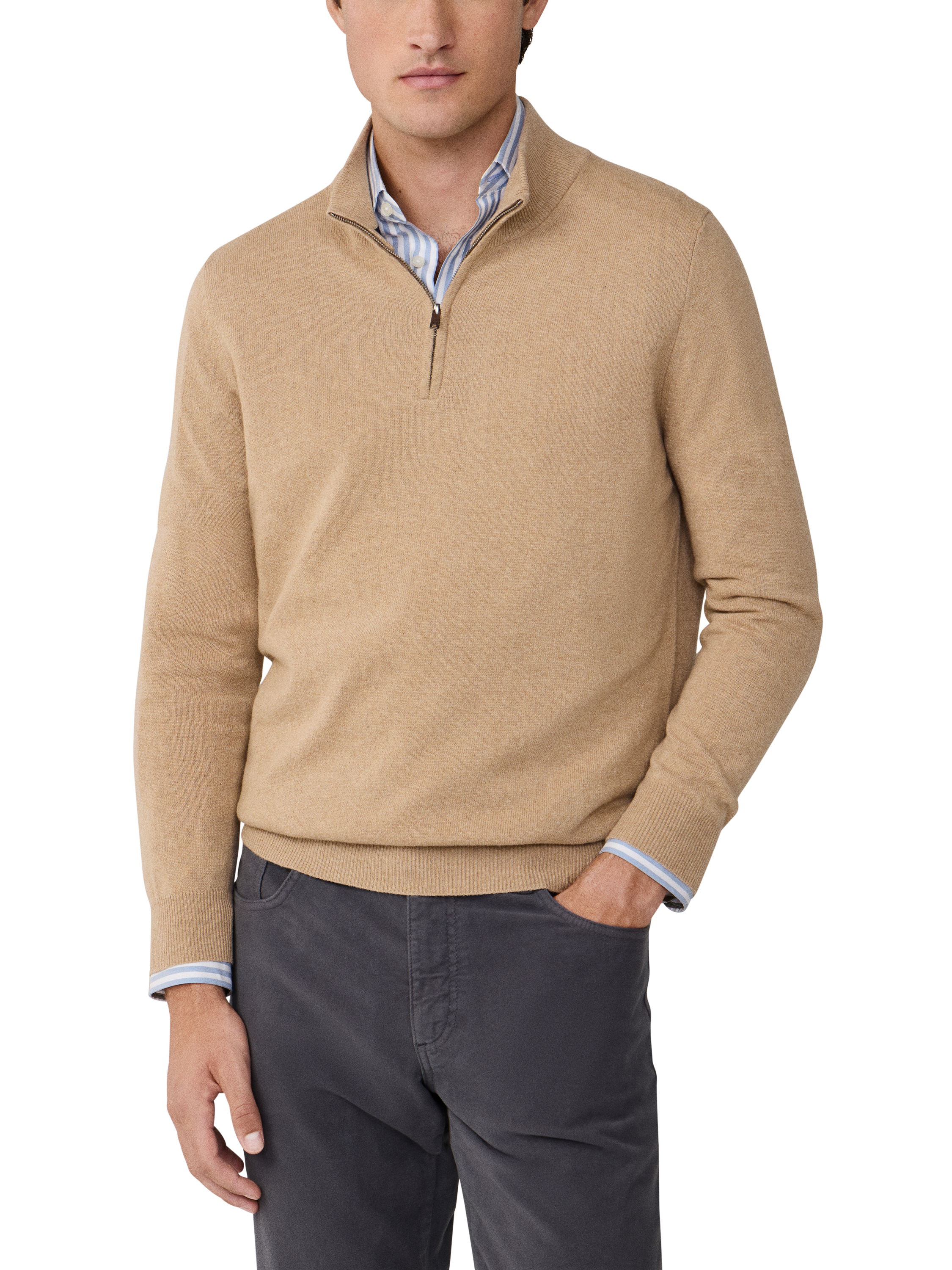 Product image 1 of 7, which shows Hackett London Zip Neck Sweater, Malt Beige, XXXL