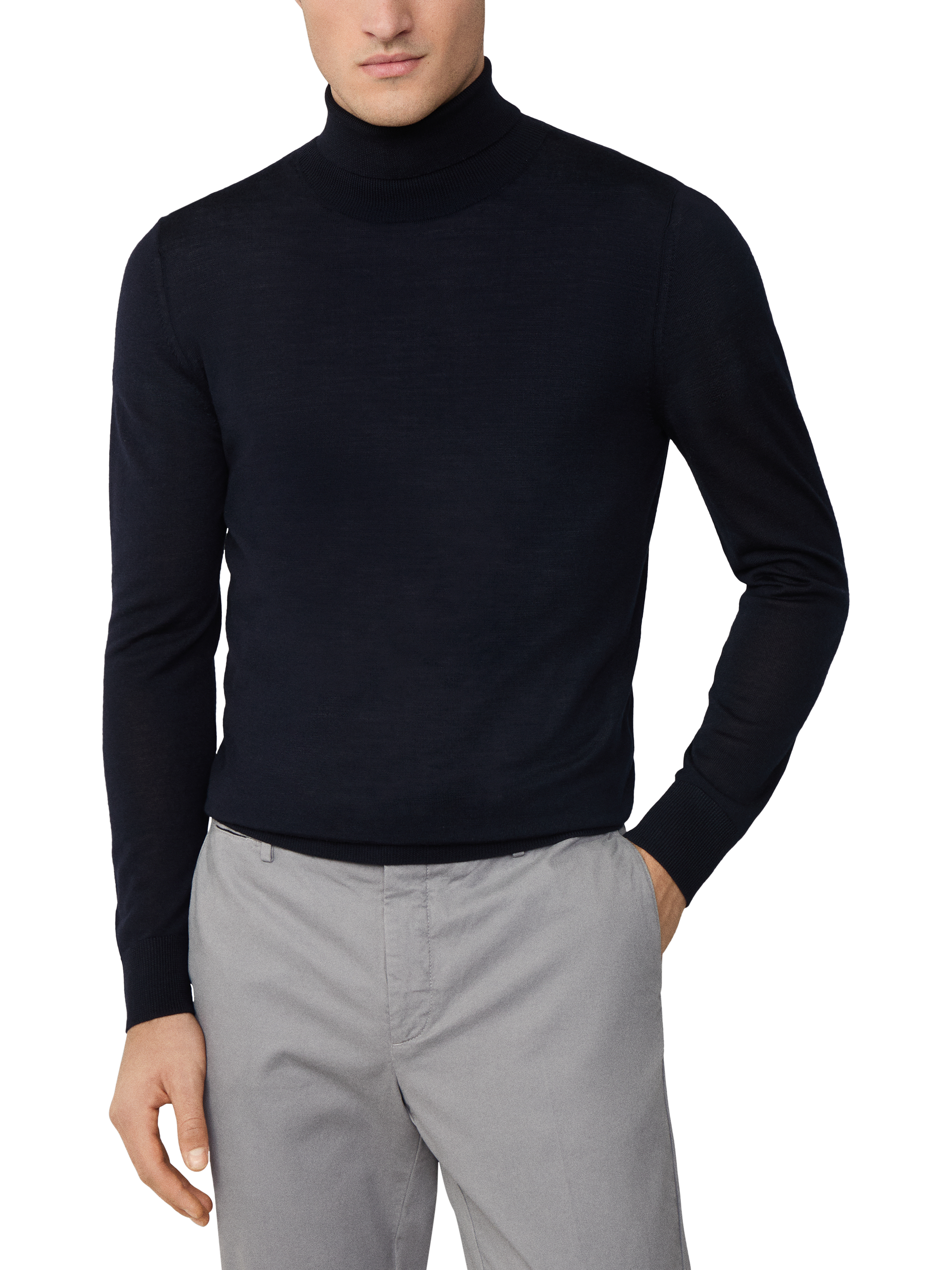 Product image 1 of 6, which shows Hackett London Merino Wool Silk Blend Roll Neck Jumper, Midnight Blue, XXL