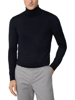 Hackett London Merino Wool Silk Blend Roll Neck Jumper, Midnight Blue, Midnight Blue