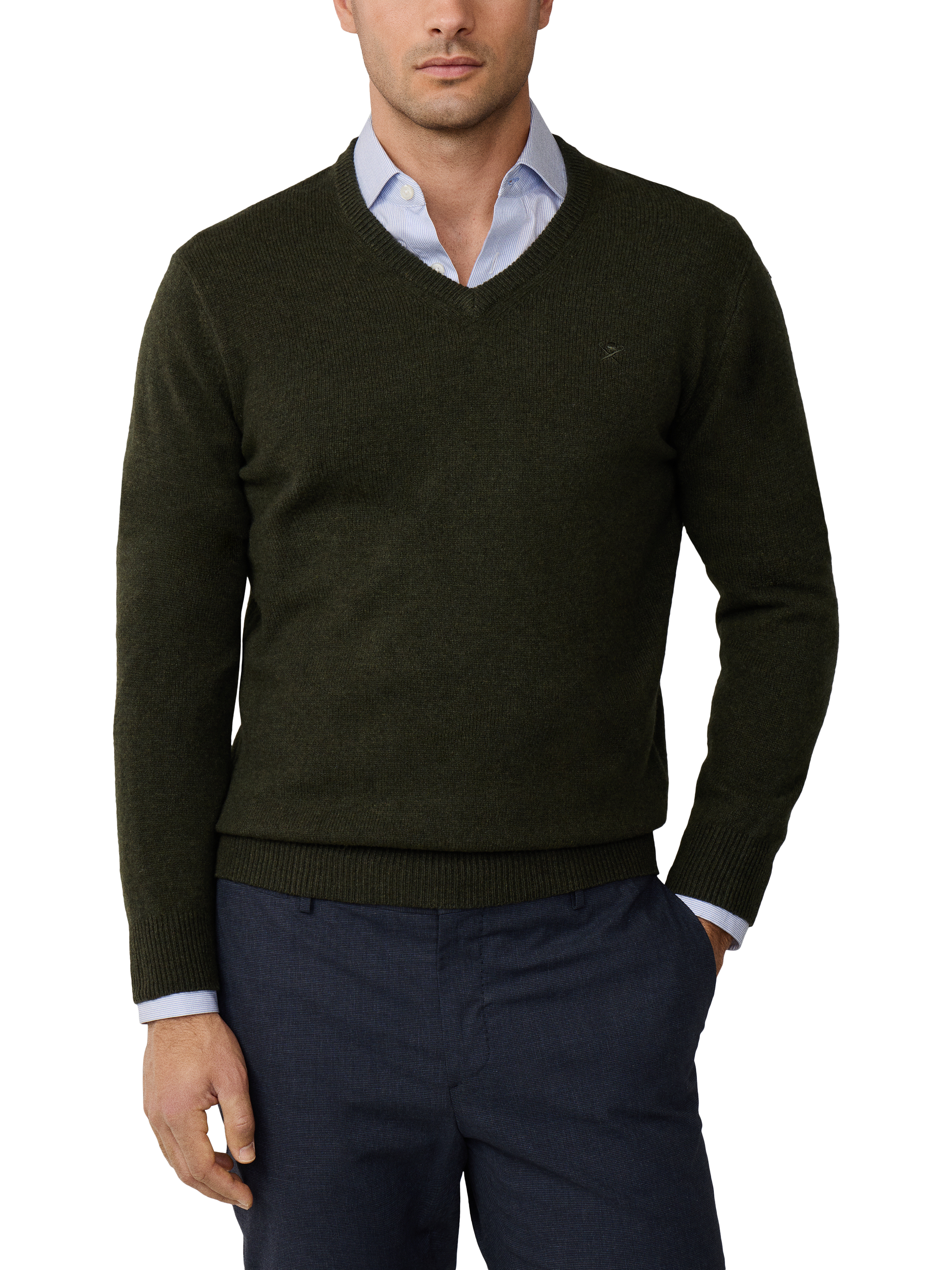 Product image 1 of 7, which shows Hackett London Pure Wool V-Neck Jumper, Hunter Green, XS