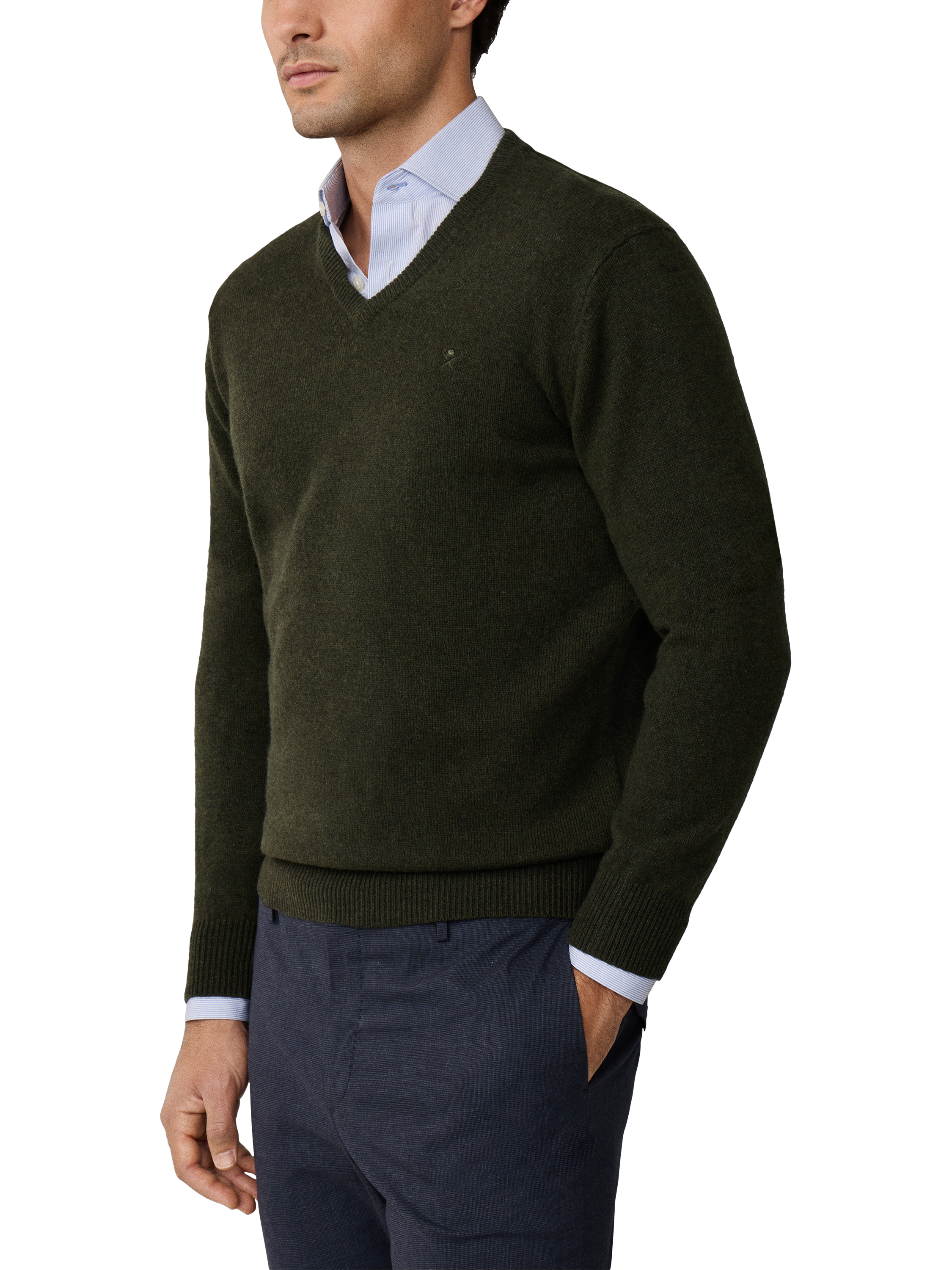 Product image 6 of 7, which shows Hackett London Pure Wool V-Neck Jumper, Hunter Green, XS