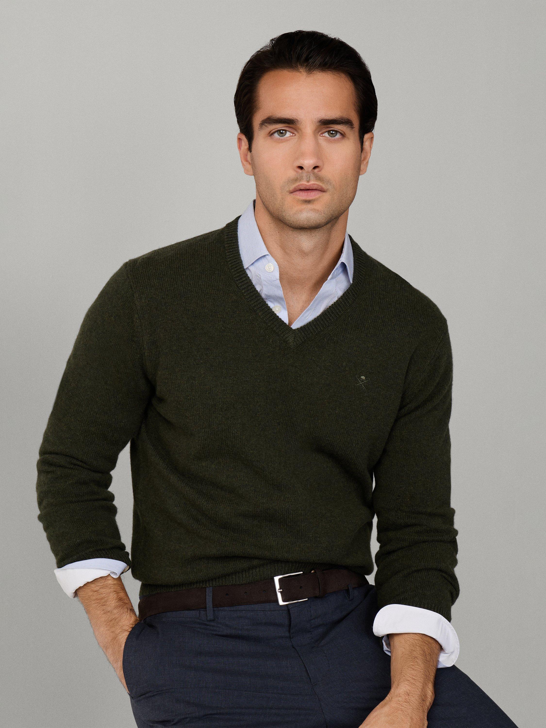Product image 7 of 7, which shows Hackett London Pure Wool V-Neck Jumper, Hunter Green, XS