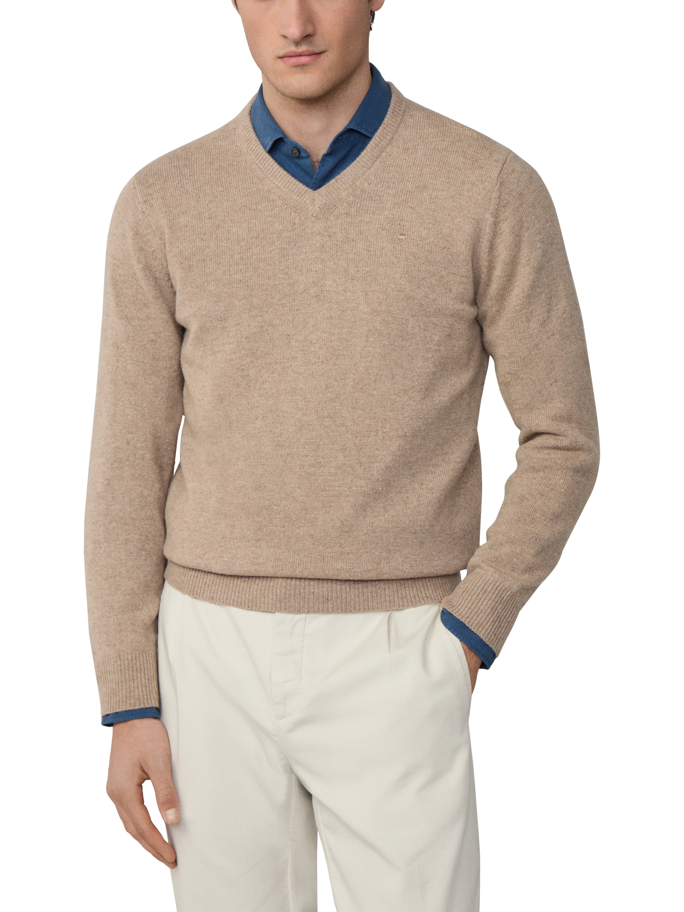 Product image 1 of 7, which shows Hackett London Pure Wool V-Neck Jumper, Malt Beige, XS