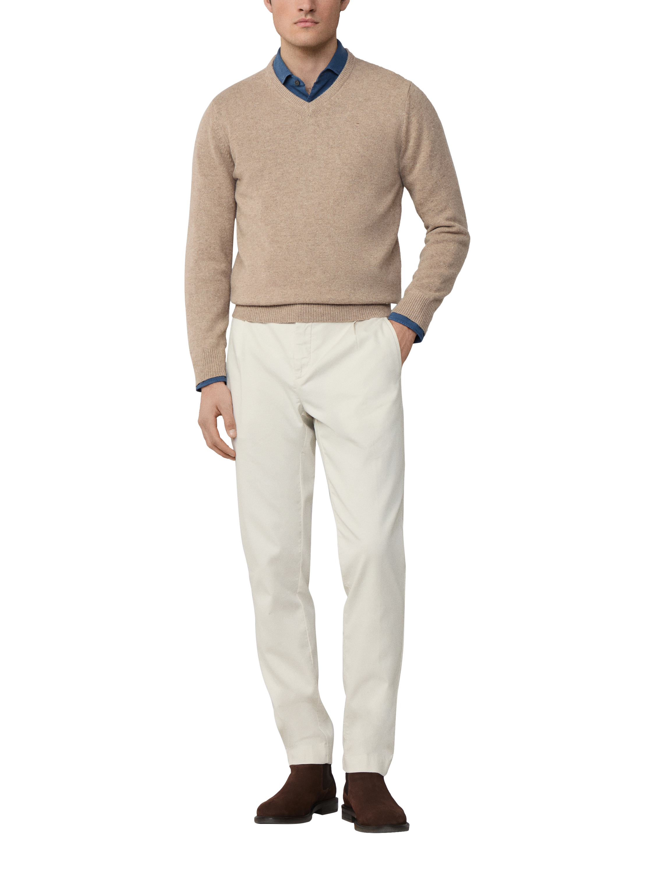 Product image 2 of 7, which shows Hackett London Pure Wool V-Neck Jumper, Malt Beige, XS