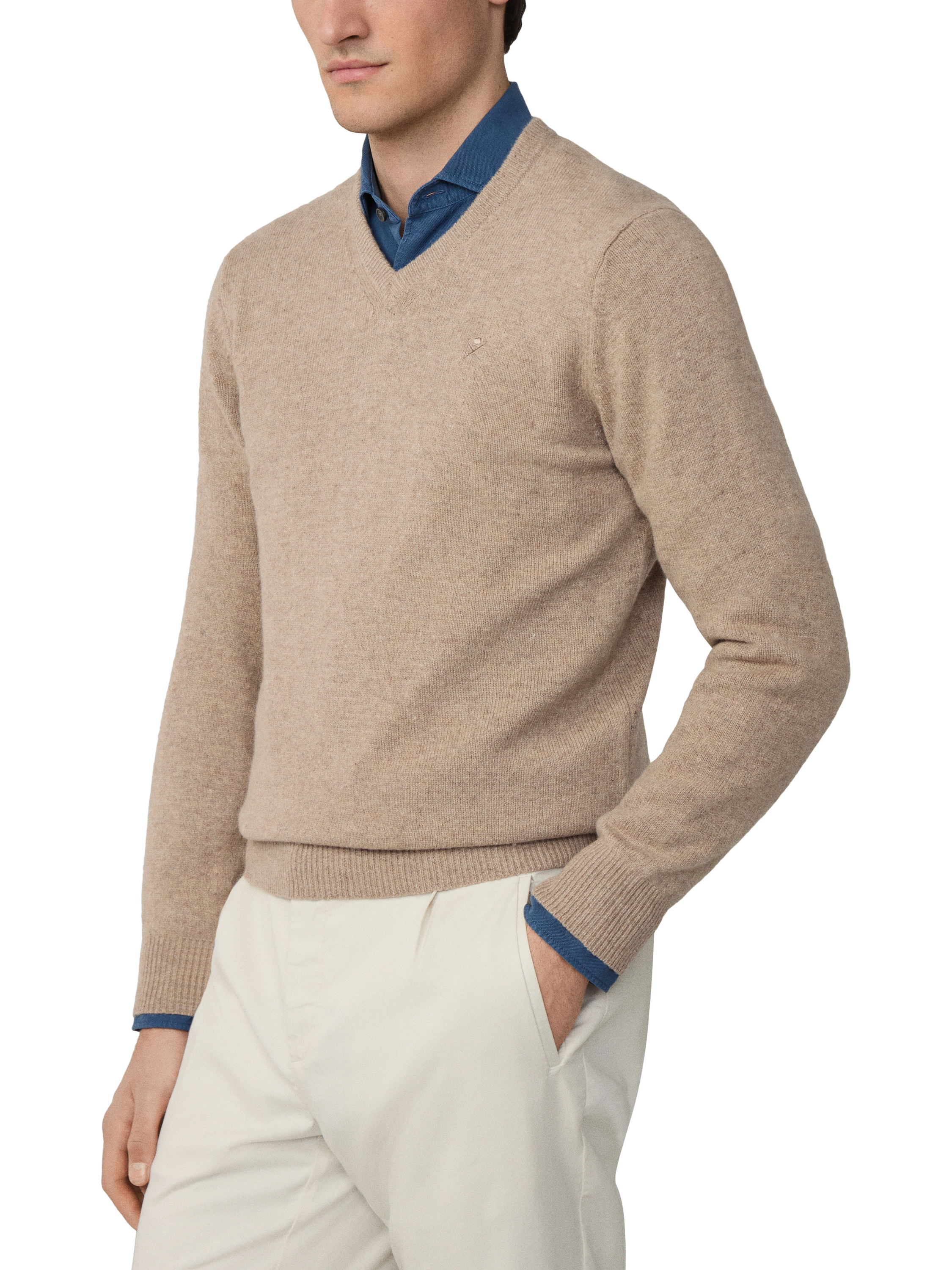 Product image 6 of 7, which shows Hackett London Pure Wool V-Neck Jumper, Malt Beige, XS