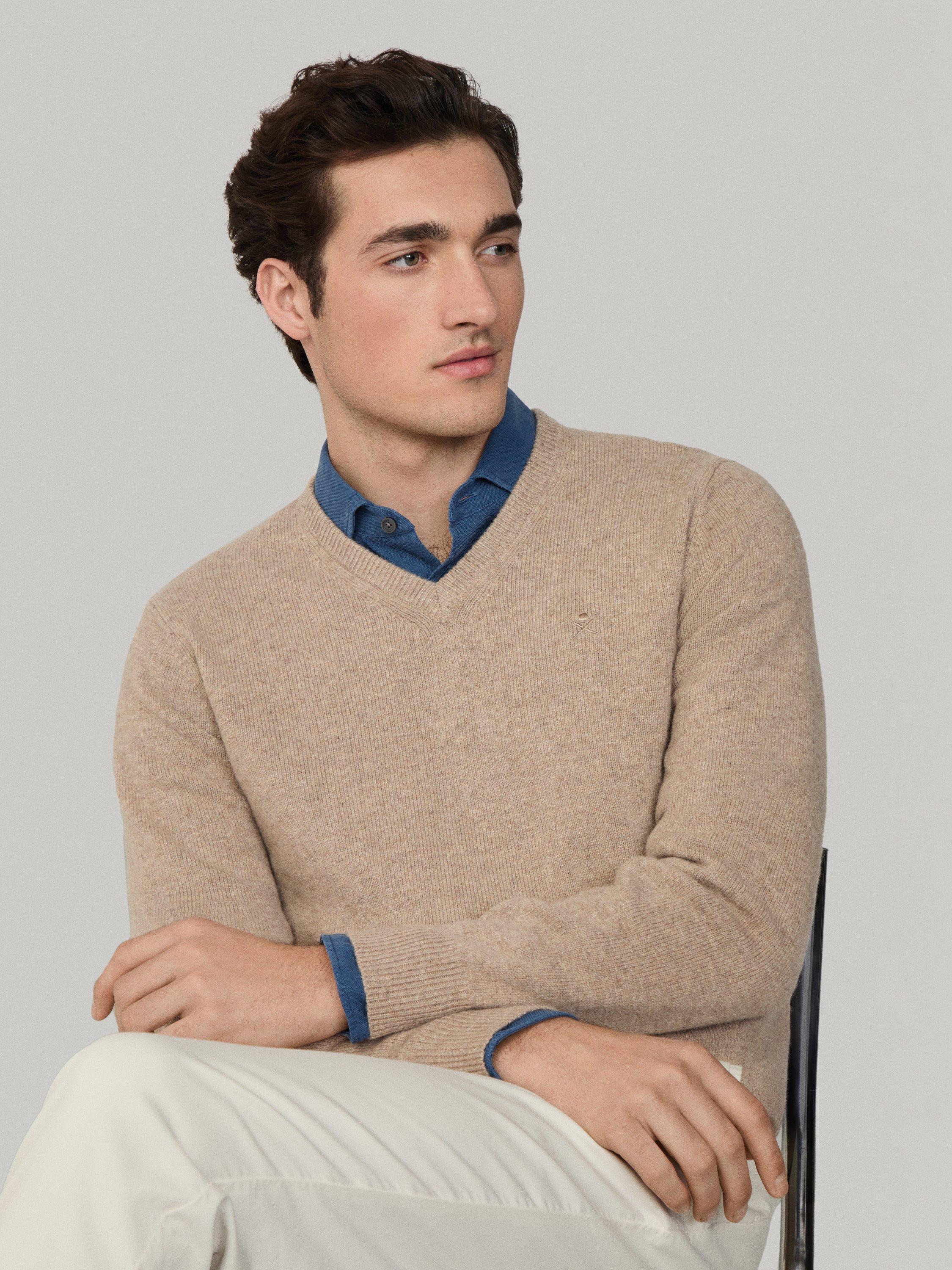 Product image 7 of 7, which shows Hackett London Pure Wool V-Neck Jumper, Malt Beige, XS
