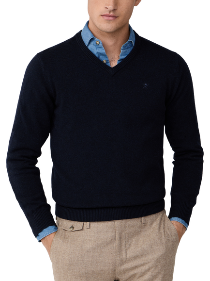 Hackett London Pure Wool V-Neck Jumper, Midnight Blue