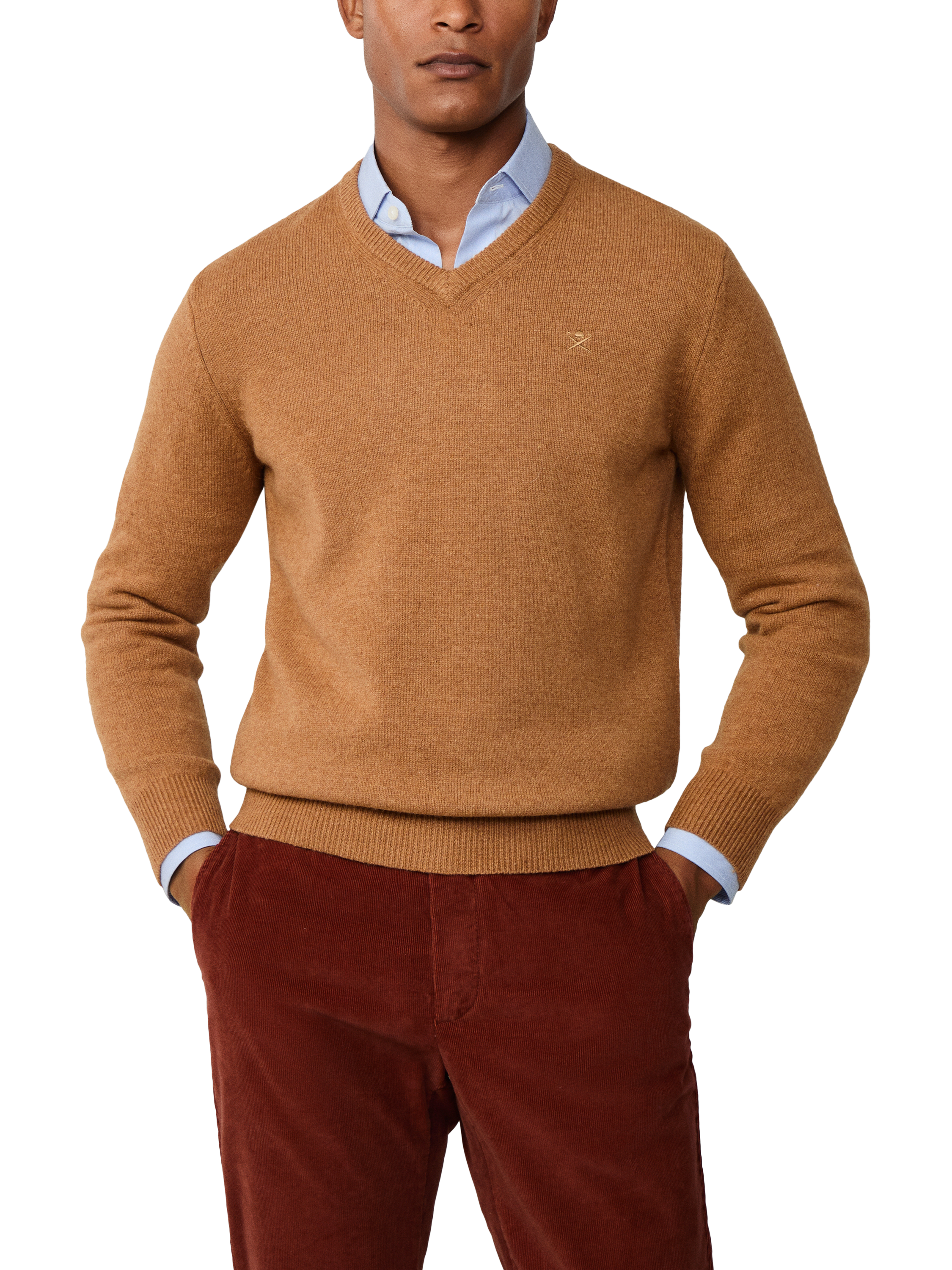 Product image 1 of 7, which shows Hackett London Pure Wool V-Neck Jumper, Camel Beige, XS