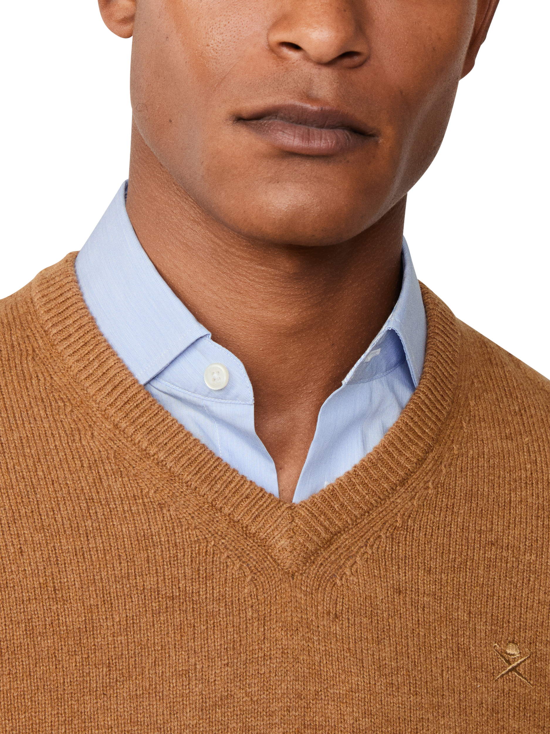 Product image 5 of 7, which shows Hackett London Pure Wool V-Neck Jumper, Camel Beige, XS