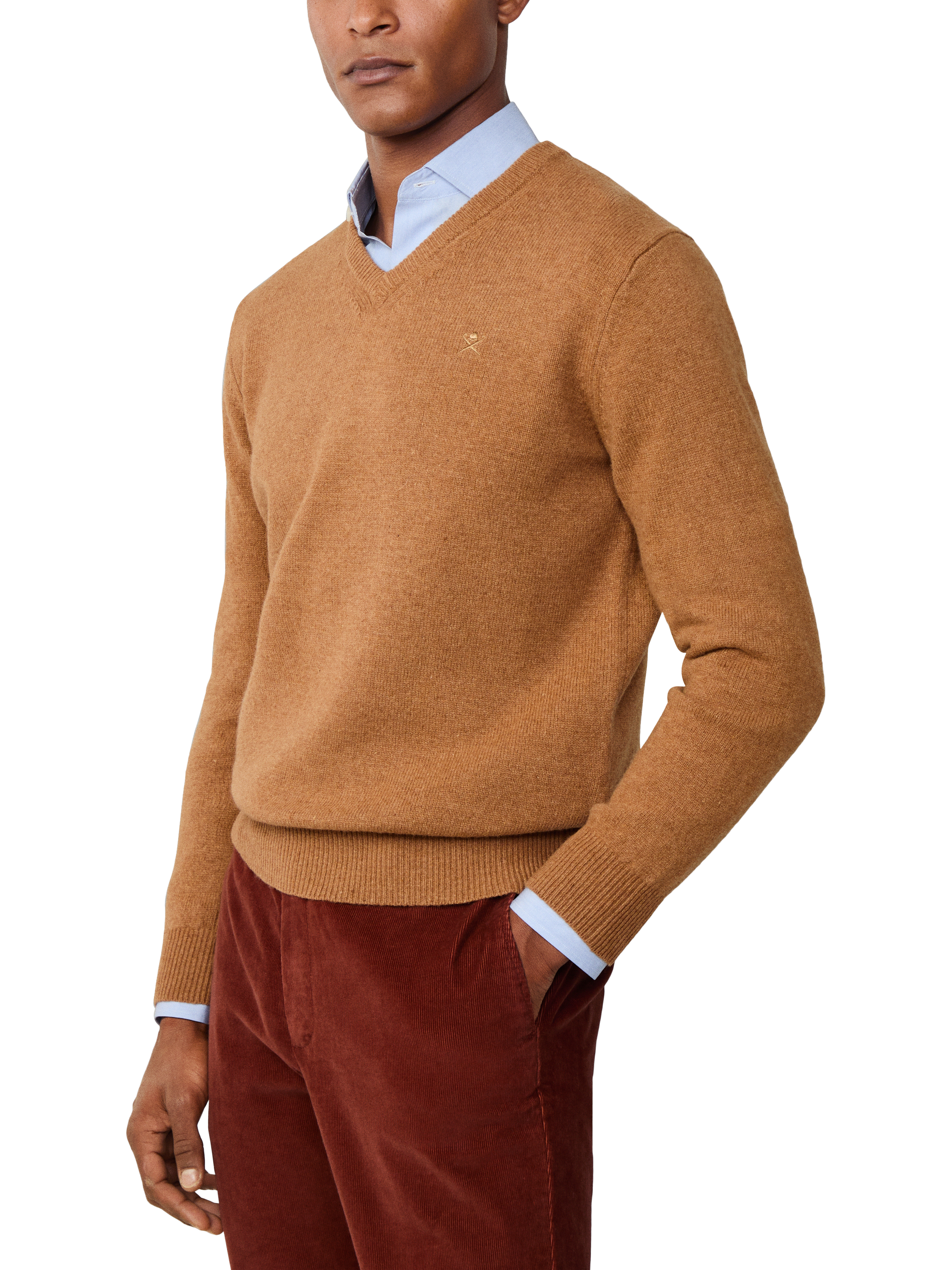 Product image 6 of 7, which shows Hackett London Pure Wool V-Neck Jumper, Camel Beige, XS