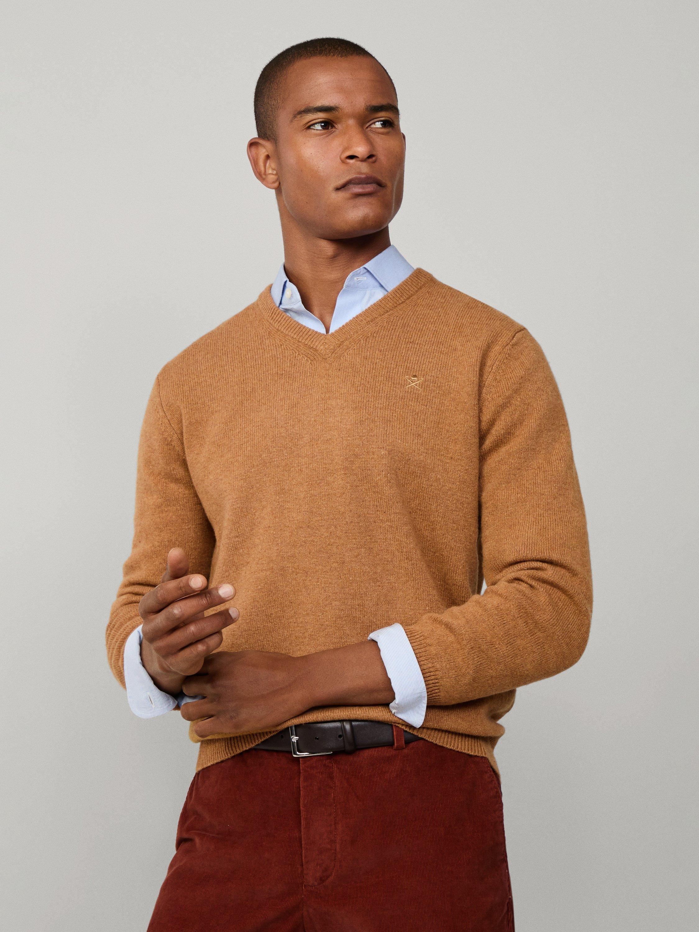 Product image 7 of 7, which shows Hackett London Pure Wool V-Neck Jumper, Camel Beige, XS