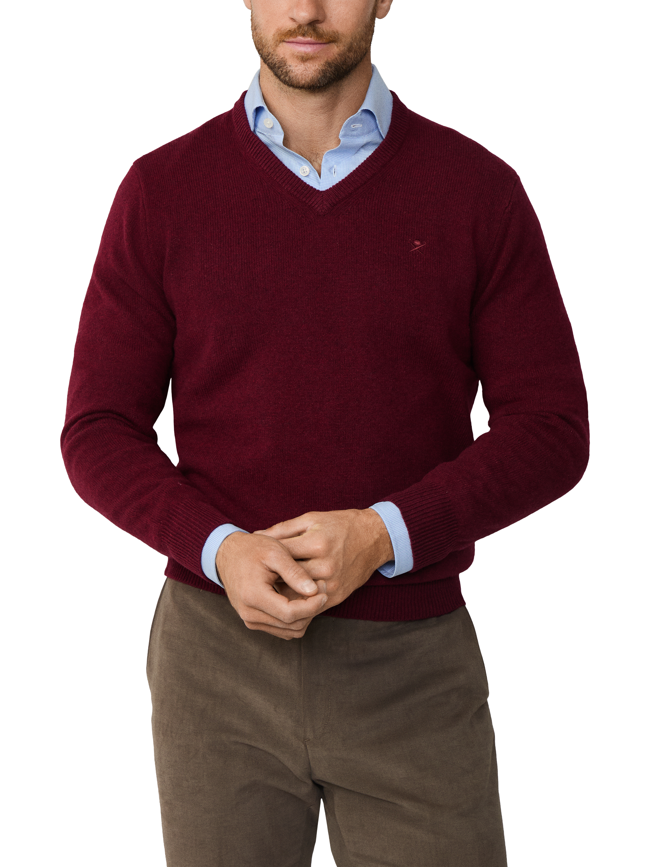 Product image 1 of 7, which shows Hackett London Pure Wool V-Neck Jumper, Burgundy Red, XS