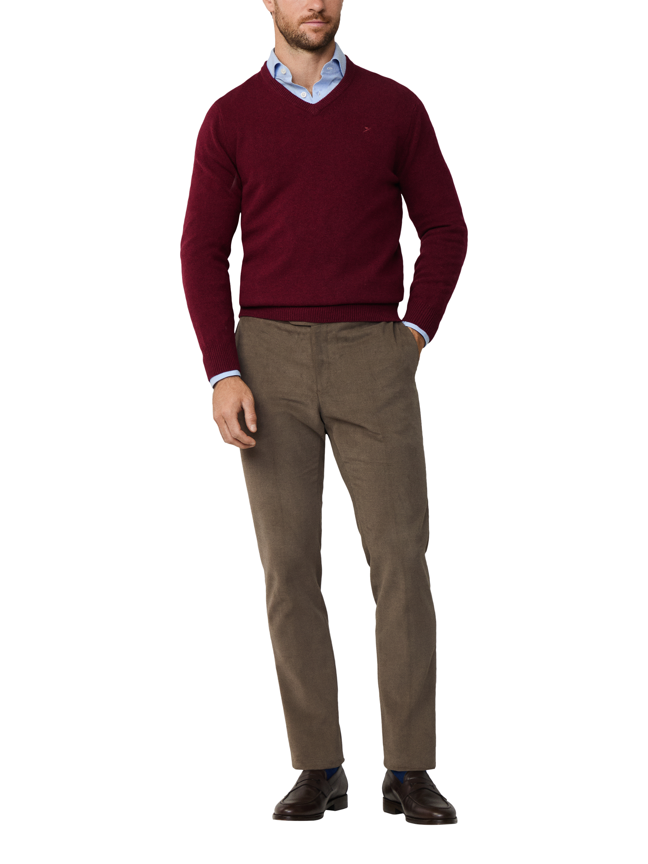 Product image 2 of 7, which shows Hackett London Pure Wool V-Neck Jumper, Burgundy Red, XS