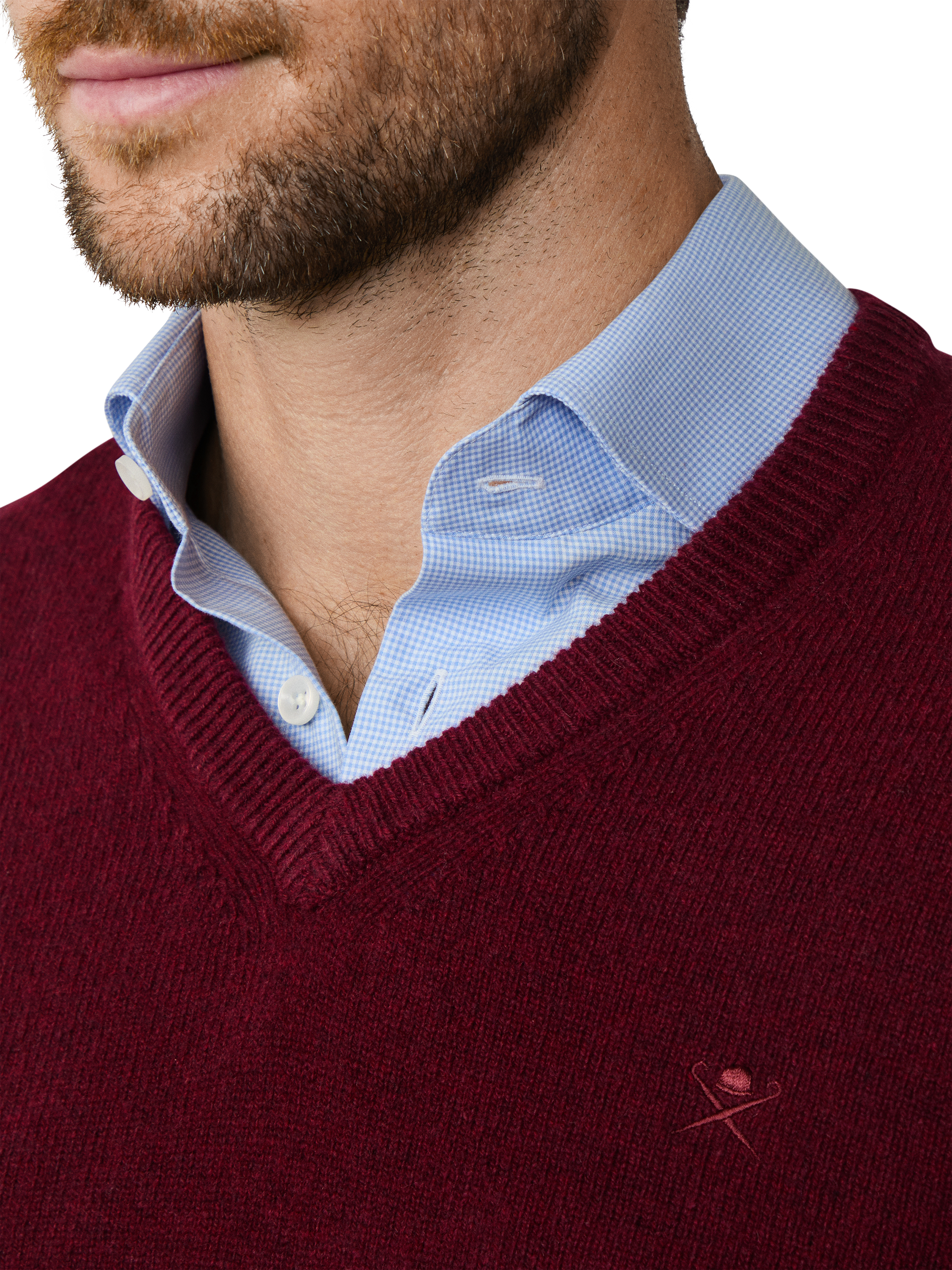 Product image 5 of 7, which shows Hackett London Pure Wool V-Neck Jumper, Burgundy Red, XS